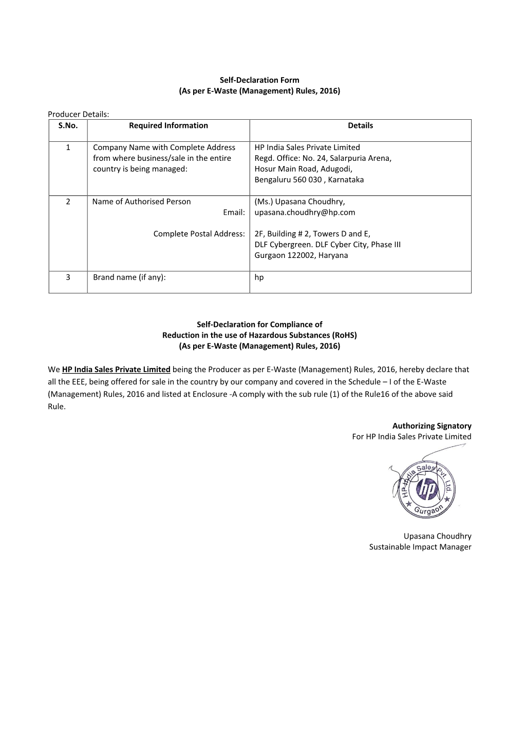 India Self-Declaration Form (As Per E-Waste (Management) Rules, 2016)