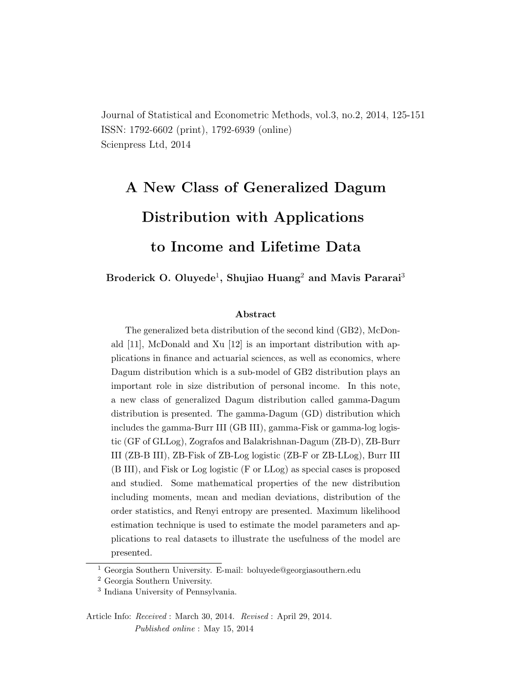 A New Class of Generalized Dagum Distribution with Applications To