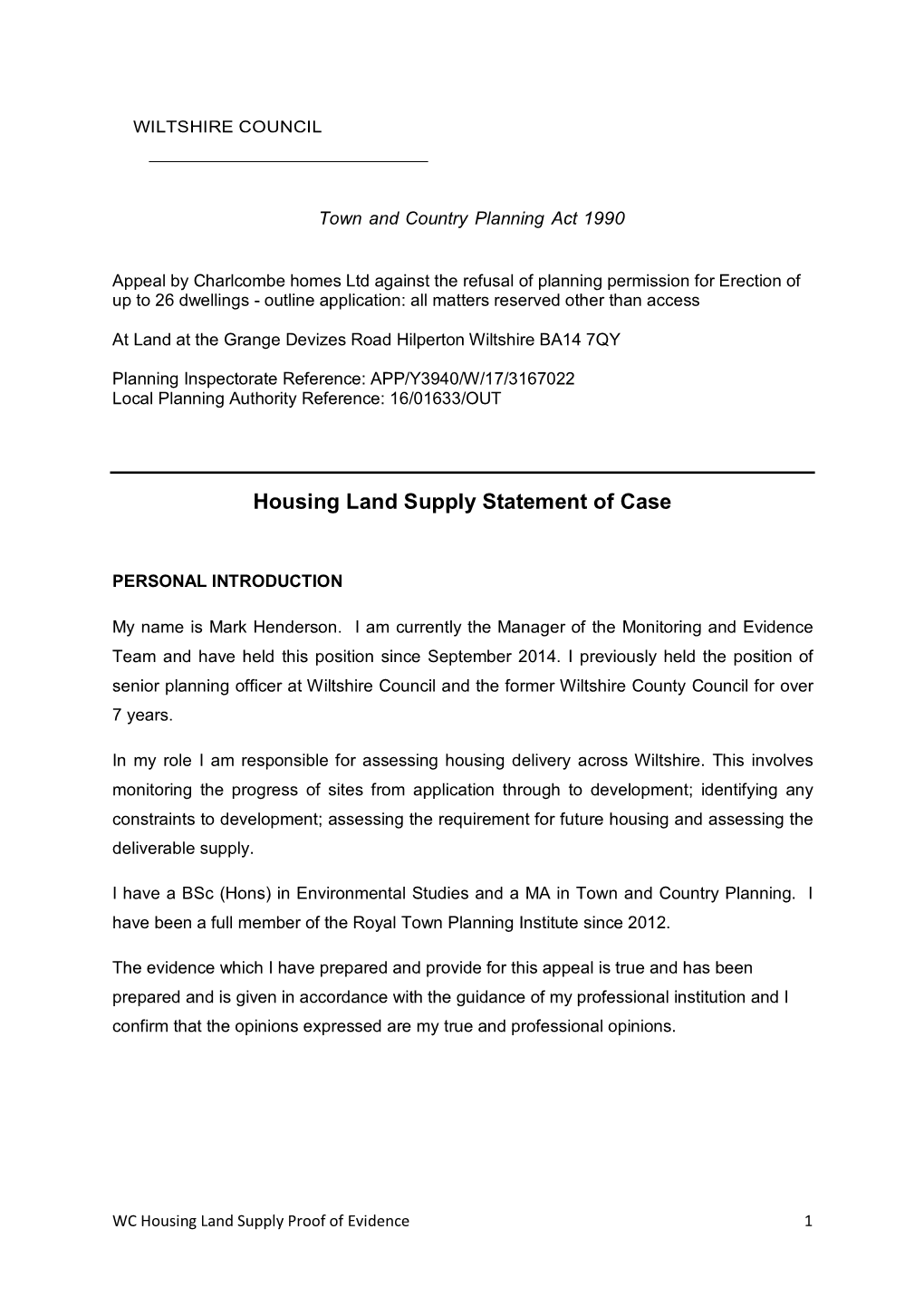 Housing Land Supply Statement of Case