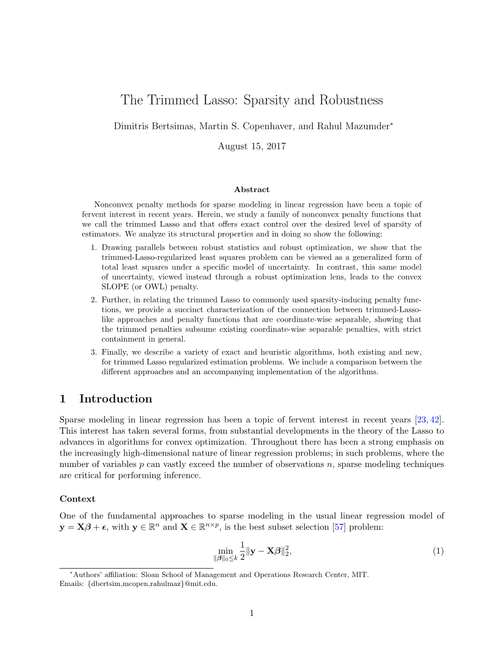 The Trimmed Lasso: Sparsity and Robustness