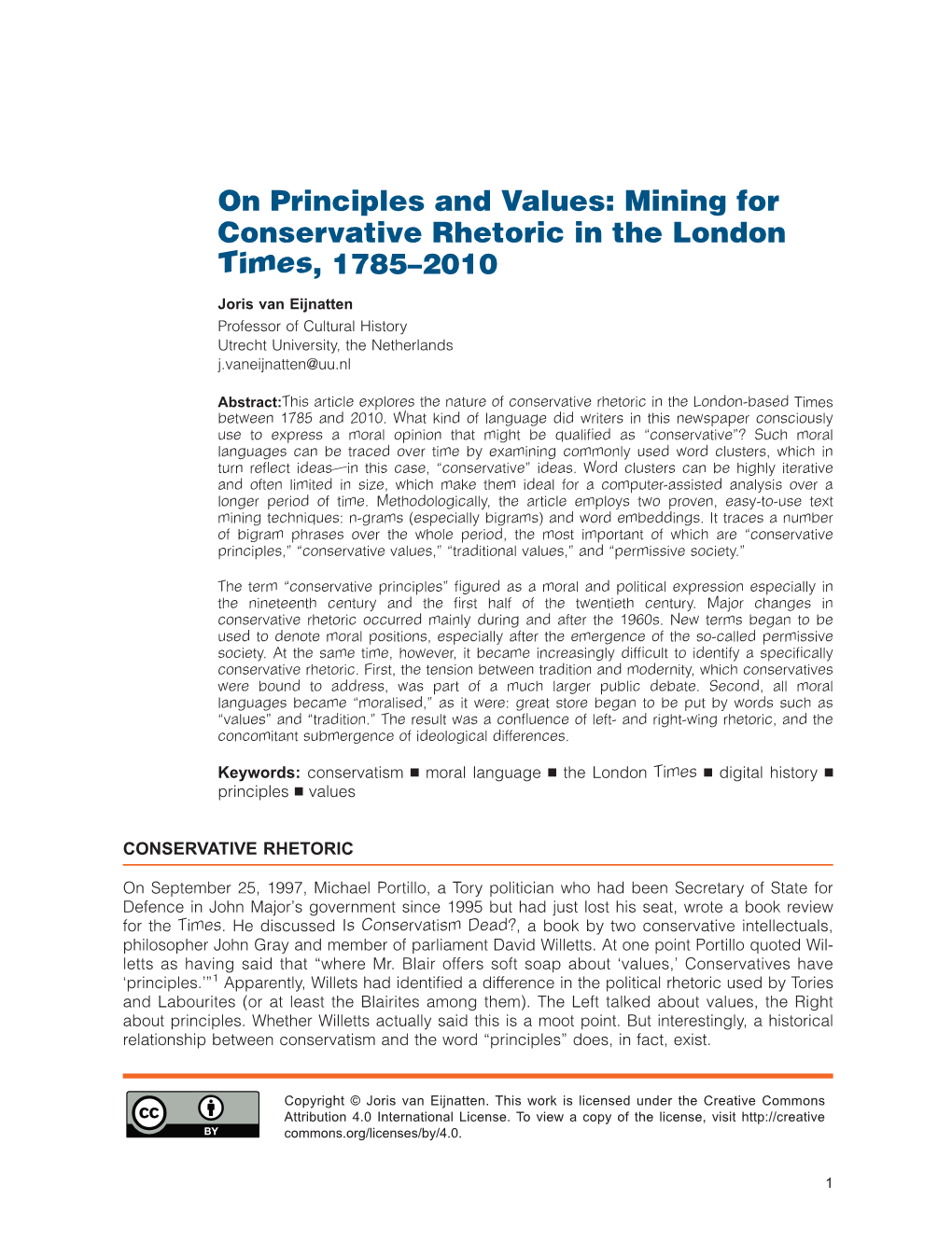 On Principles and Values: Mining for Conservative Rhetoric in the London Times, 1785–2010