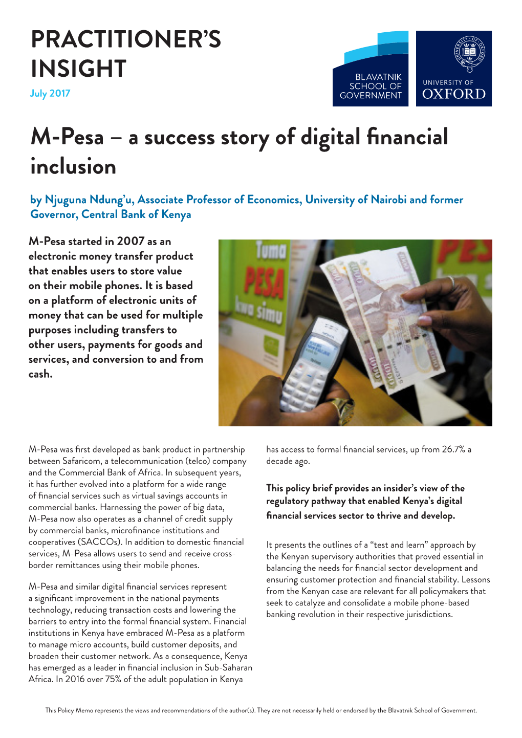 PRACTITIONER's INSIGHT M-Pesa – a Success Story of Digital Financial Inclusion