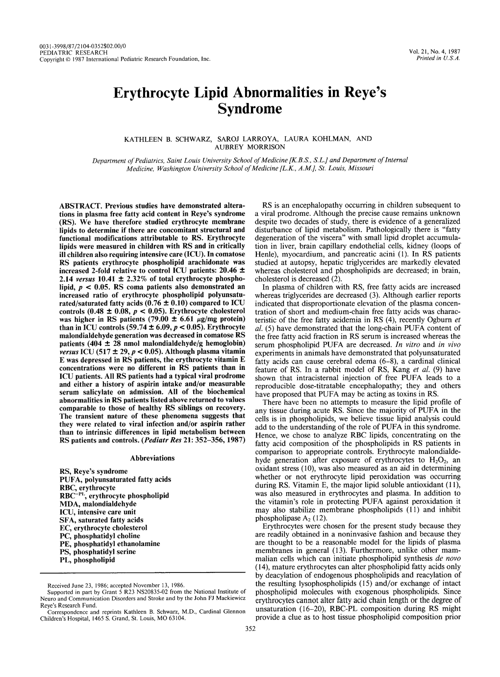 Erythrocyte Lipid Abnormalities in Reye's Syndrome