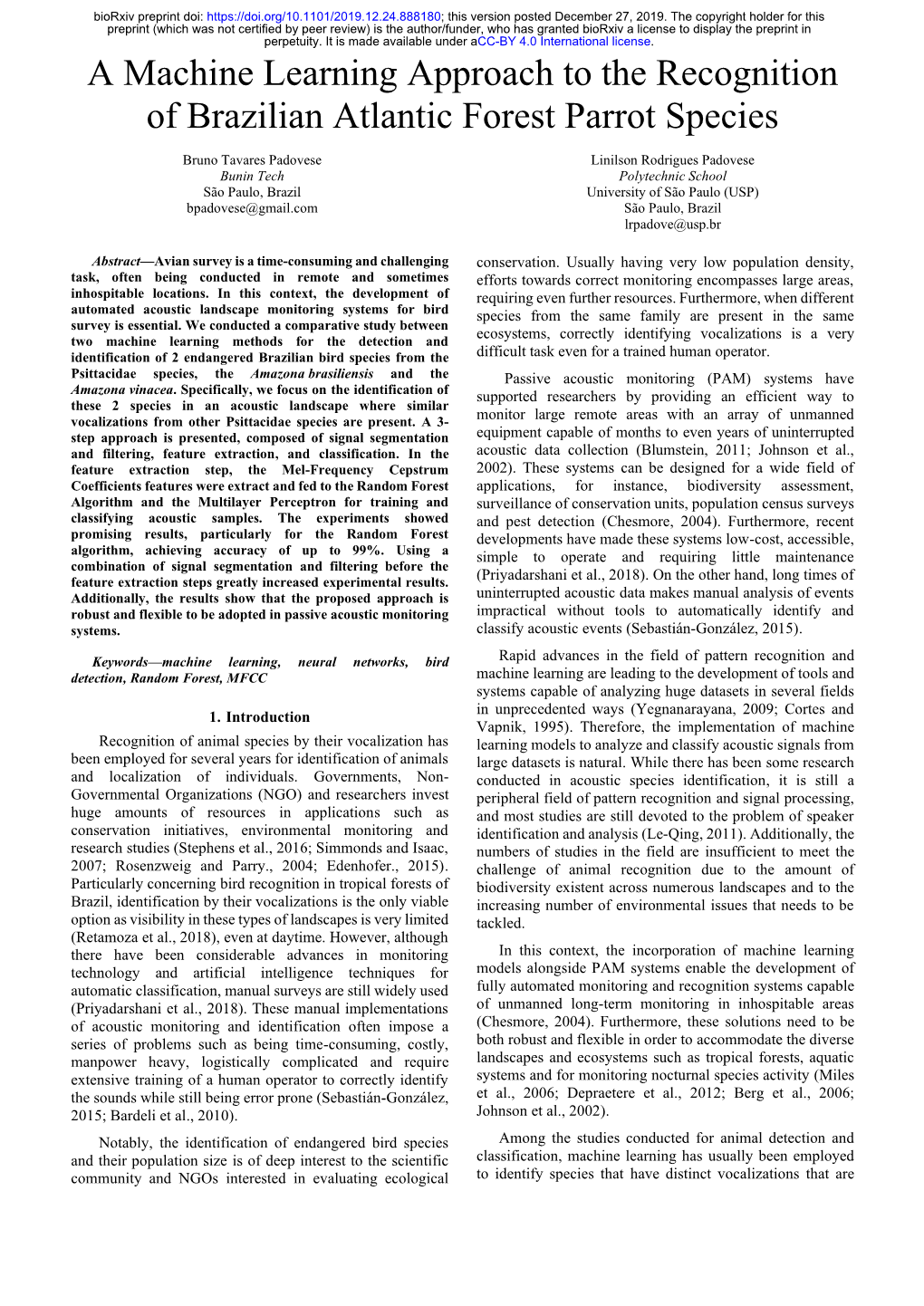 A Machine Learning Approach to the Recognition of Brazilian Atlantic Forest Parrot Species