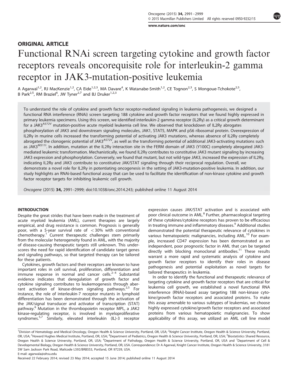 Functional Rnai Screen Targeting Cytokine and Growth Factor Receptors Reveals Oncorequisite Role for Interleukin-2 Gamma Receptor in JAK3-Mutation-Positive Leukemia