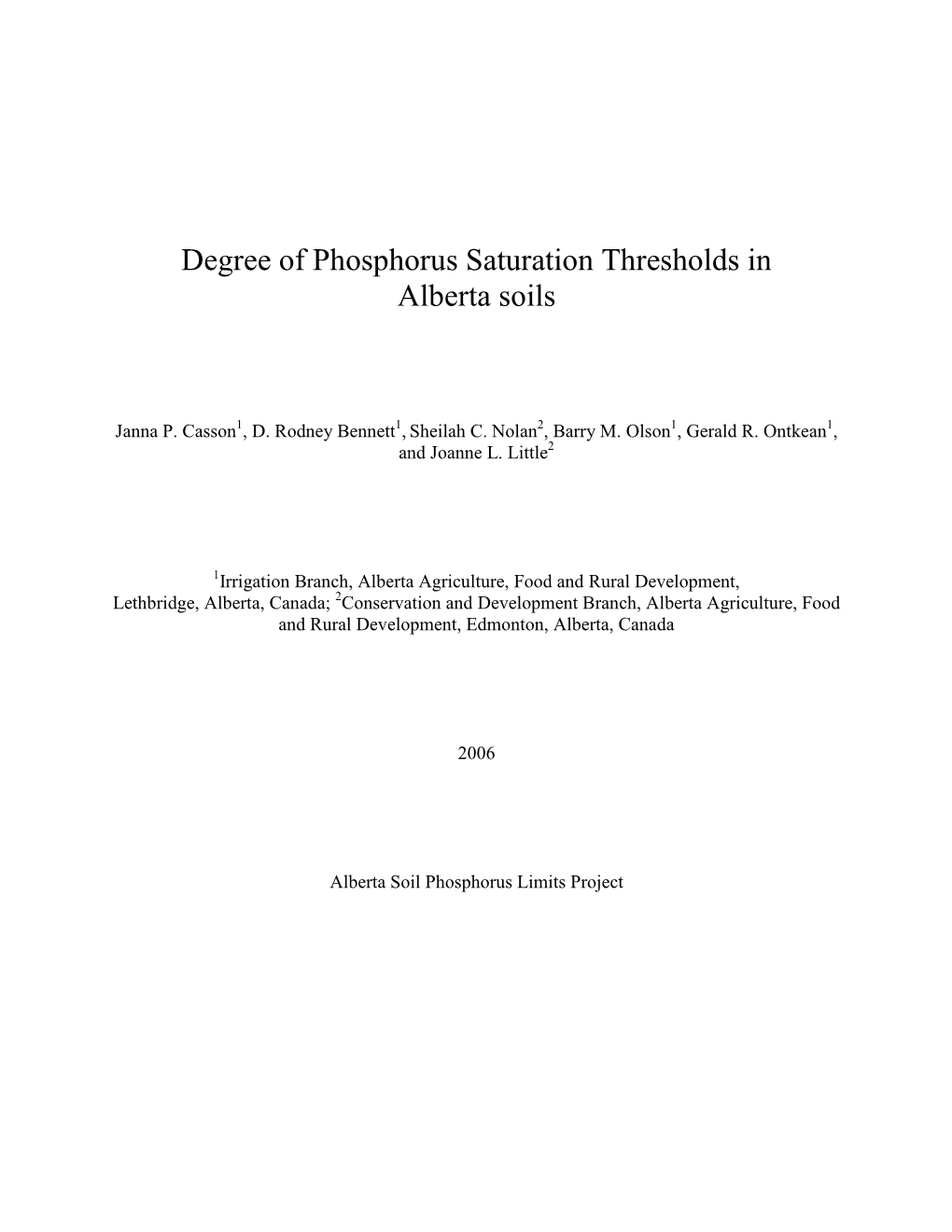 Degree of Phosphorus Saturation Thresholds in Alberta Soils