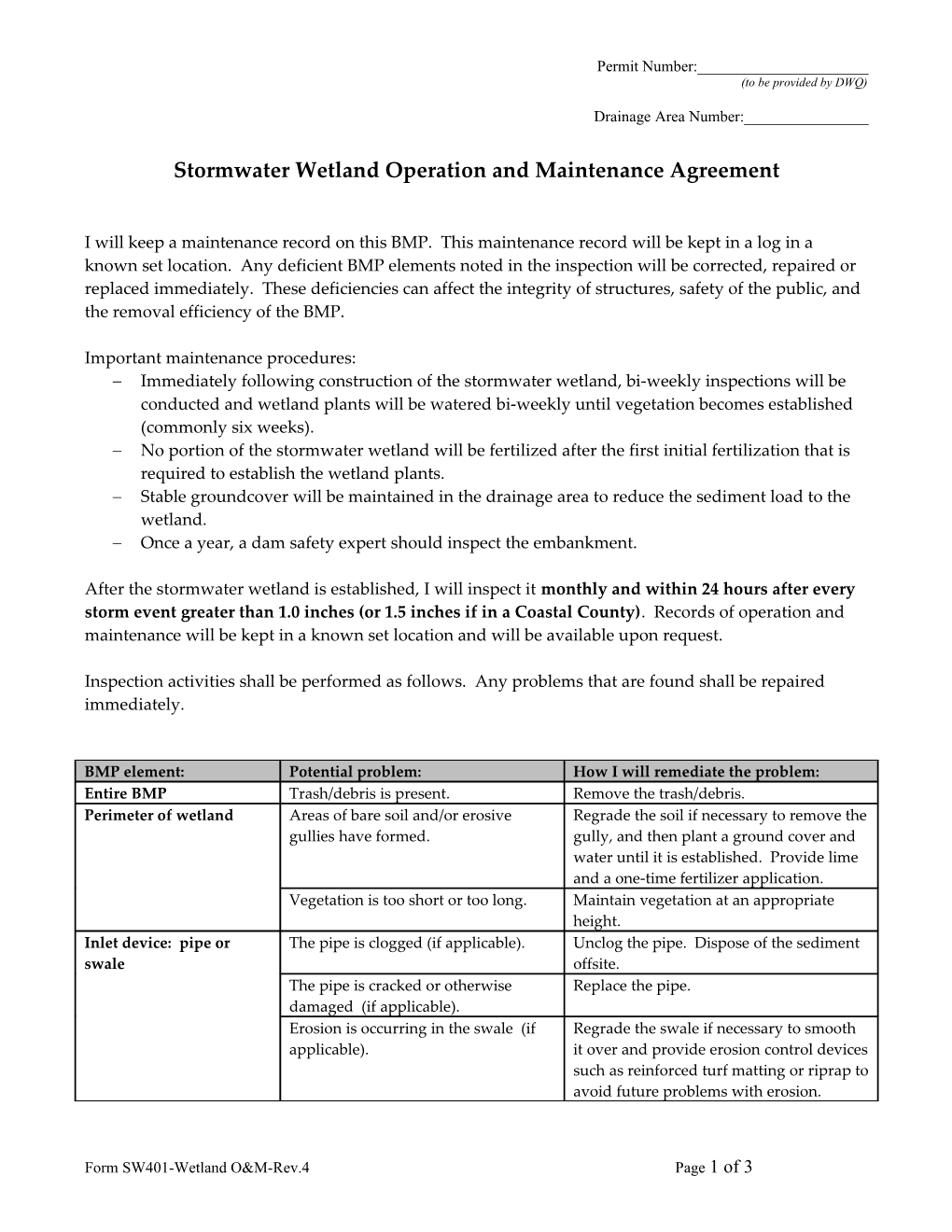 Wet Detention Basin Inspection and Maintenance Agreement