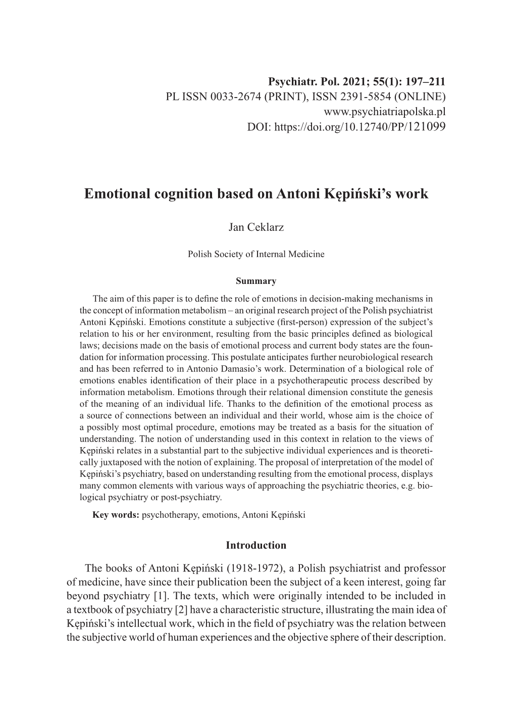 Emotional Cognition Based on Antoni Kępiński's Work