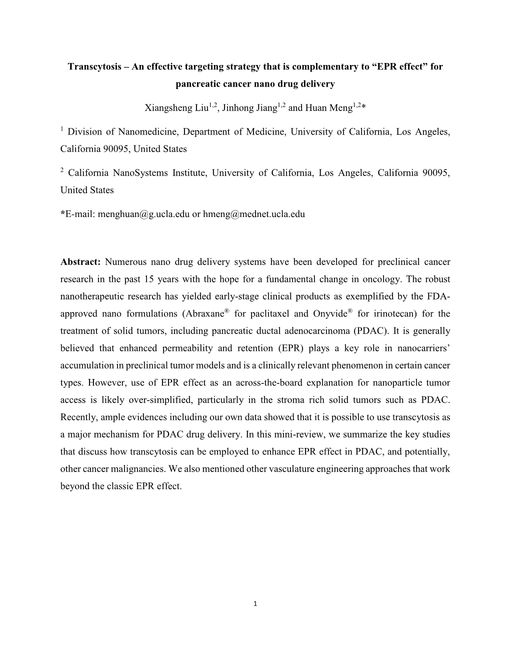 Transcytosis – an Effective Targeting Strategy That Is Complementary to “EPR Effect” for Pancreatic Cancer Nano Drug Delivery