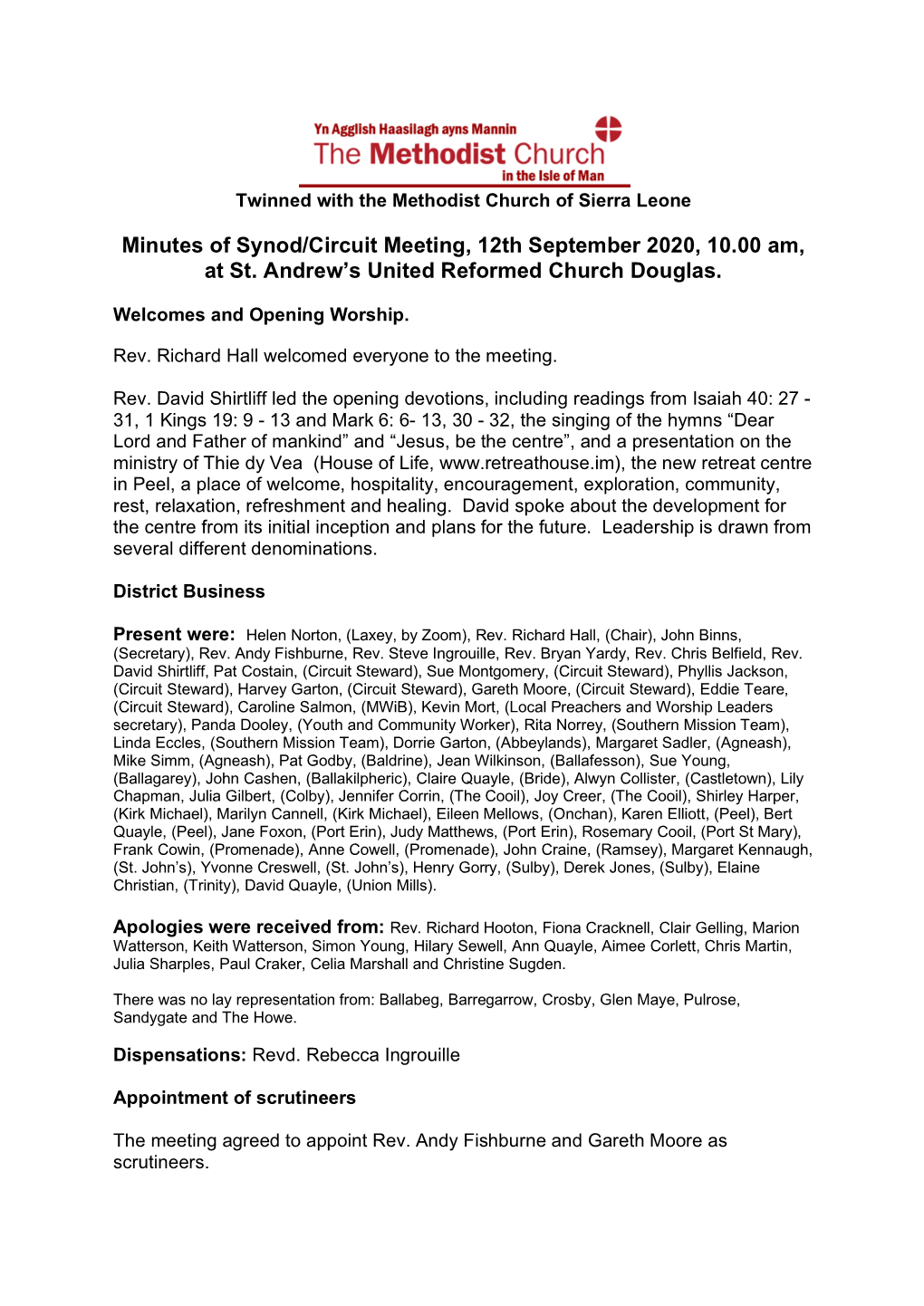 Minutes of Synod/Circuit Meeting, 12Th September 2020, 10.00 Am, at St