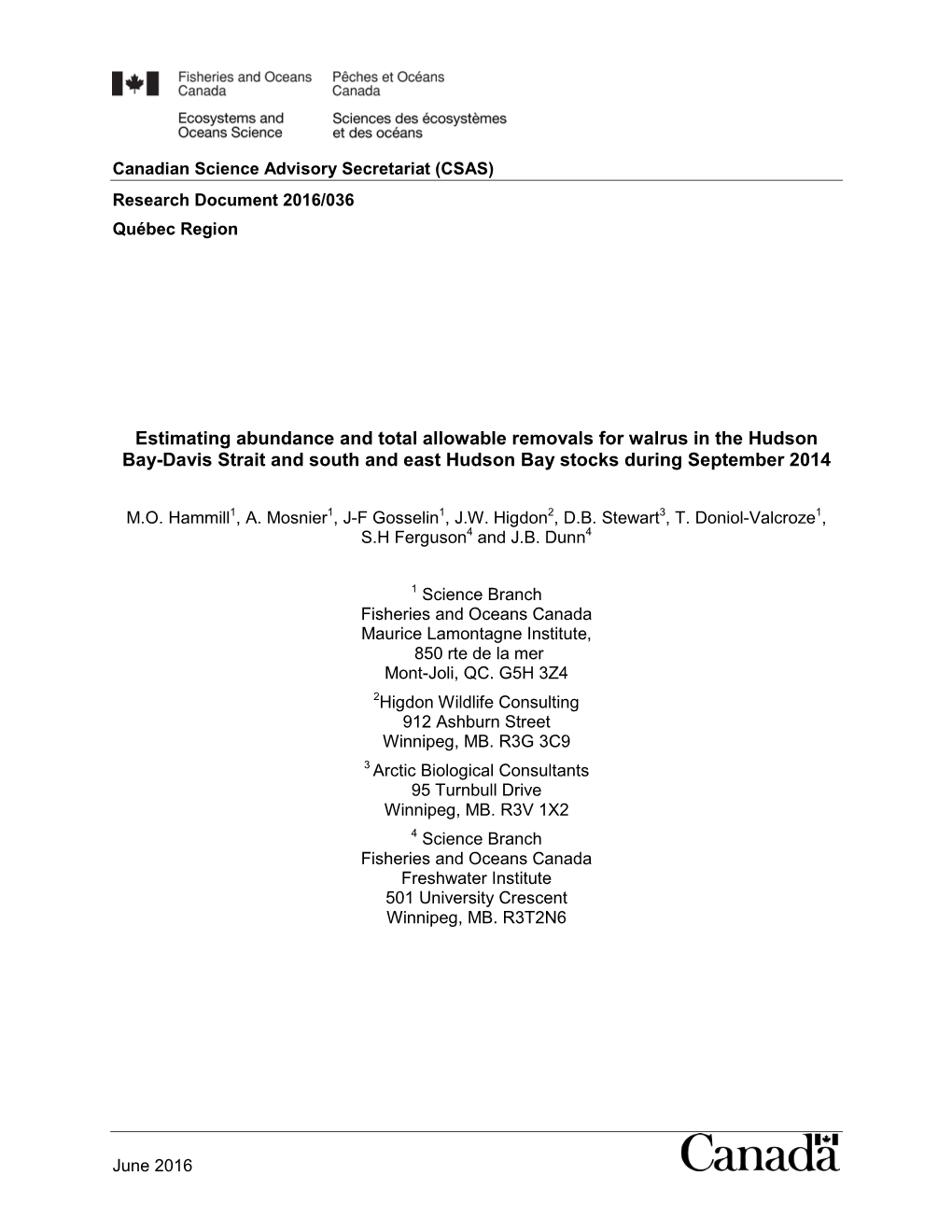 Estimating Abundance and Total Allowable Removals for Walrus in the Hudson Bay-Davis Strait and South and East Hudson Bay Stocks During September 2014