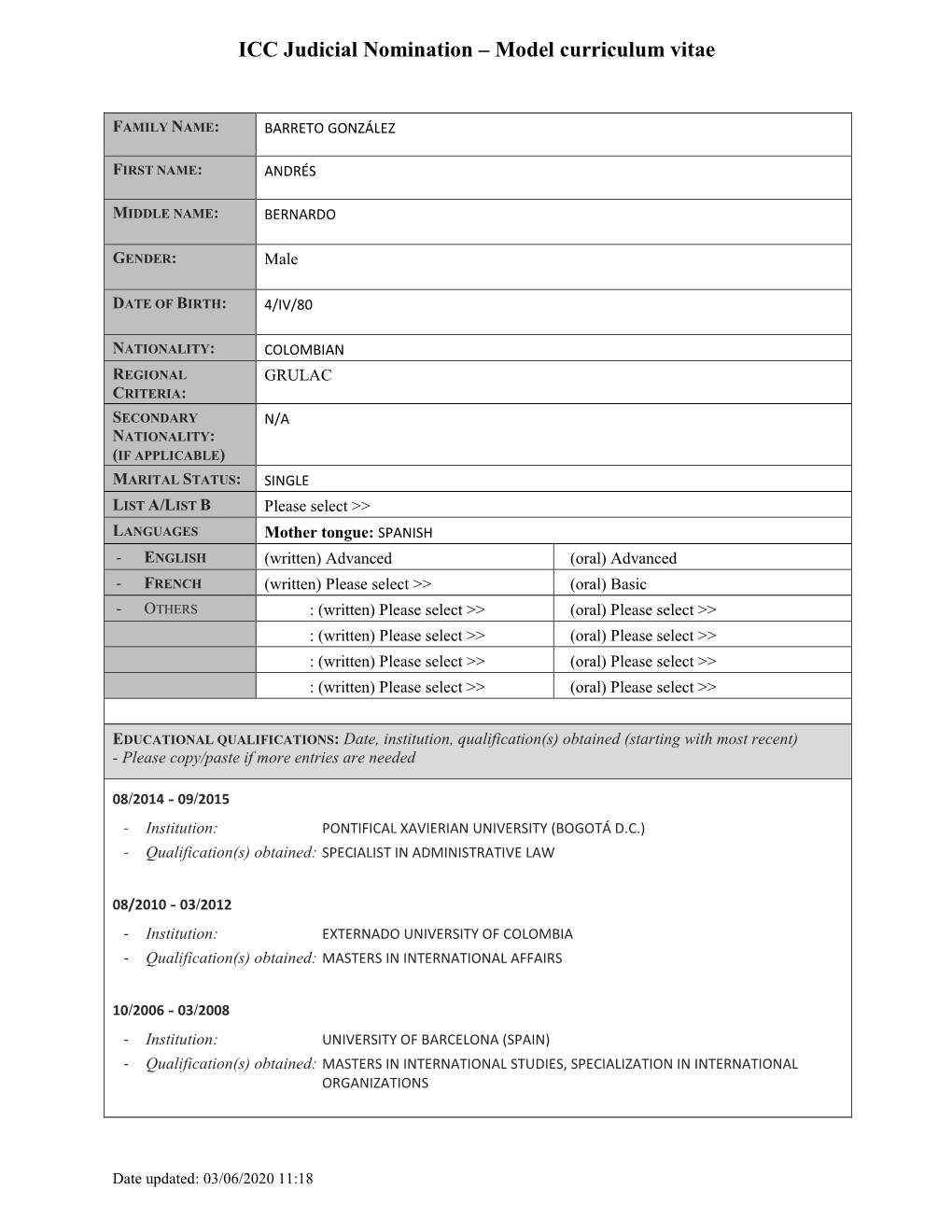 Model Curriculum Vitae