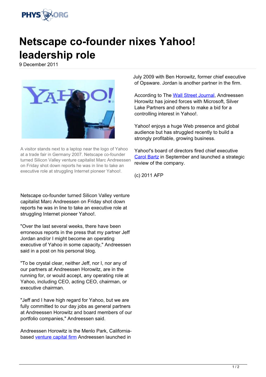 Netscape Co-Founder Nixes Yahoo! Leadership Role 9 December 2011