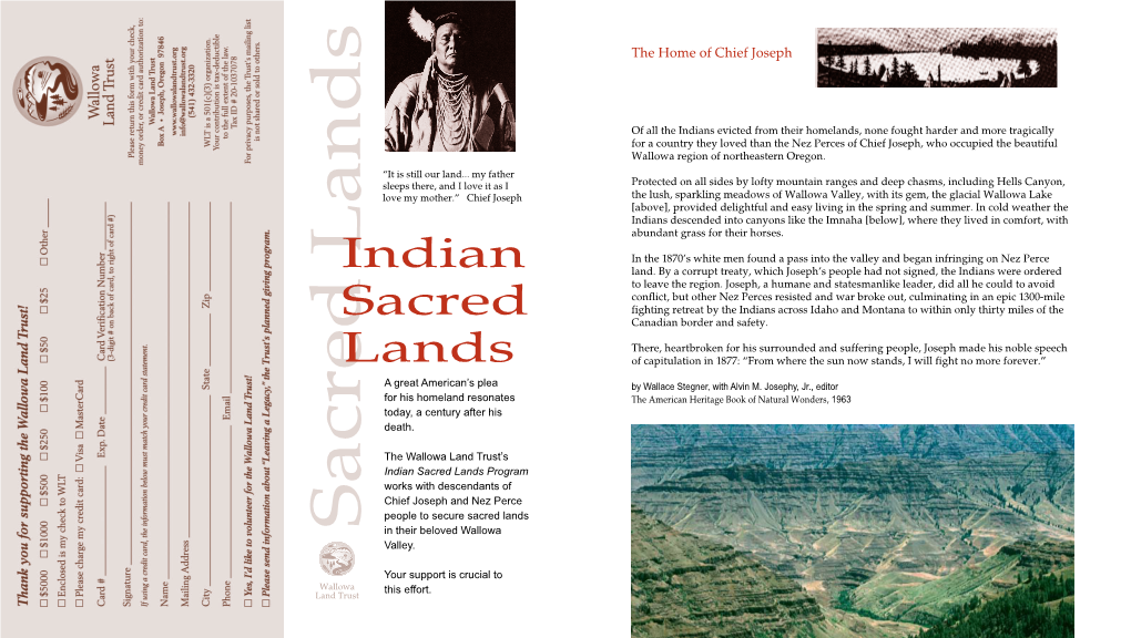 Indian Sacred Lands Program Works with Descendants of Chief Joseph and Nez Perce People to Secure Sacred Lands Sacred Lands in Their Beloved Wallowa Valley