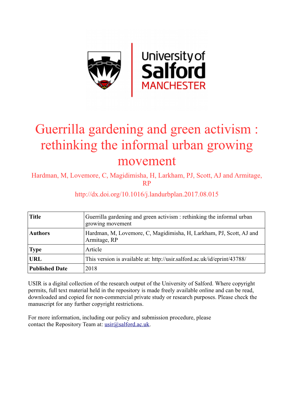 Guerrilla Gardening and Green Activism : Rethinking the Informal