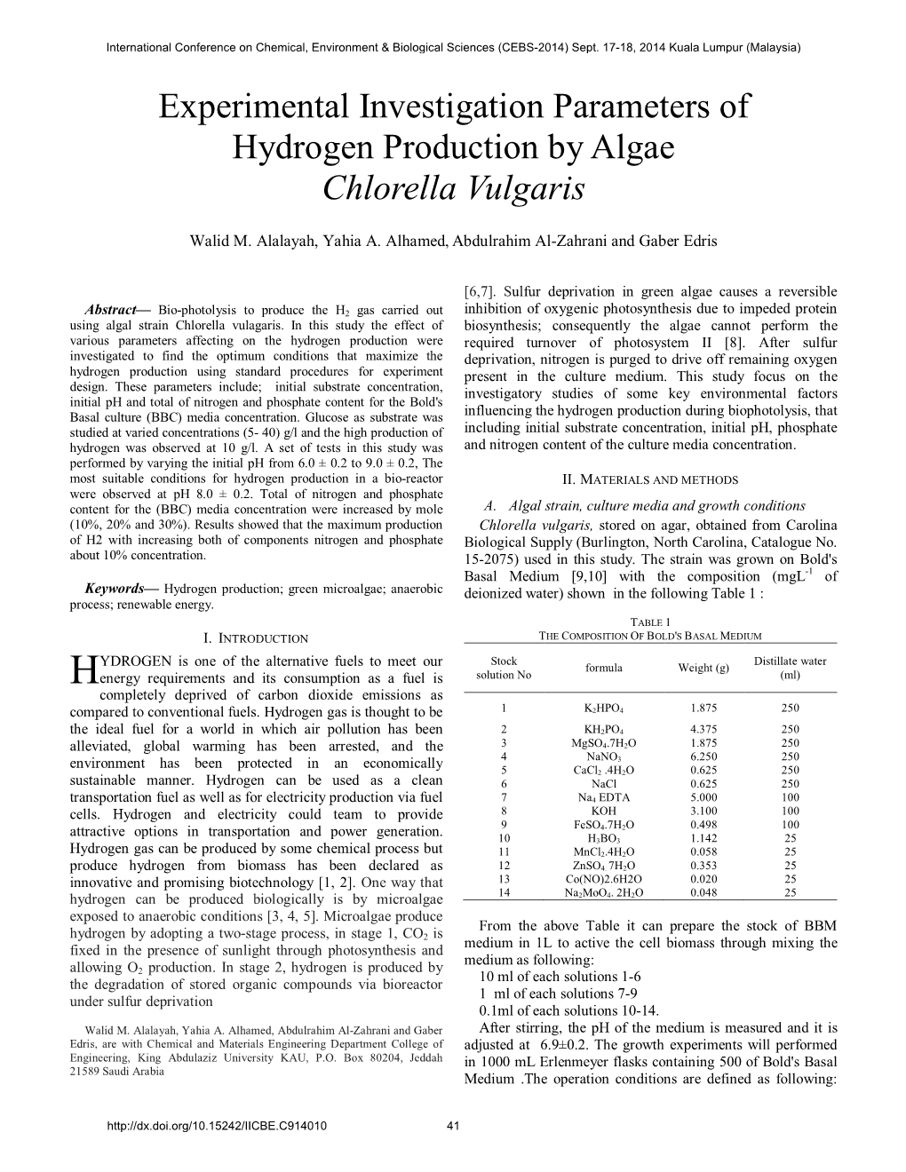 Experimental Investigation Parameters of Hydrogen Production by Algae Chlorella Vulgaris