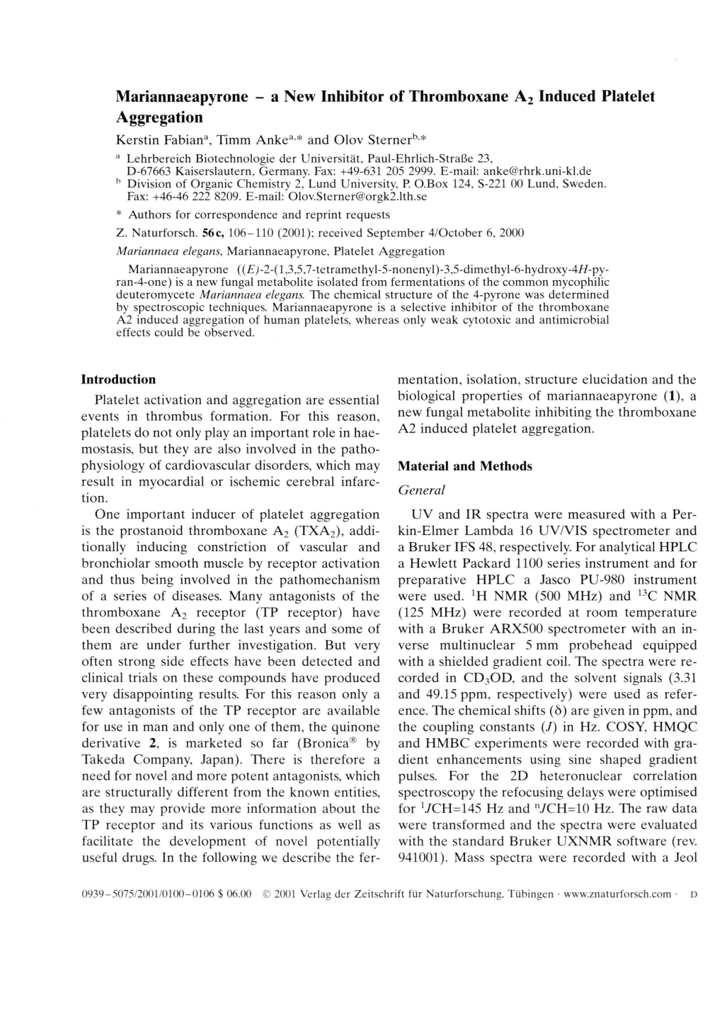 A New Inhibitor of Thromboxane A2 Induced Platelet Aggregation