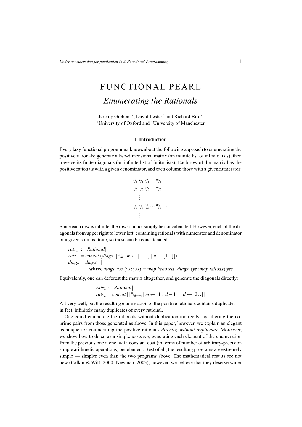 FUNCTIONAL PEARL Enumerating the Rationals