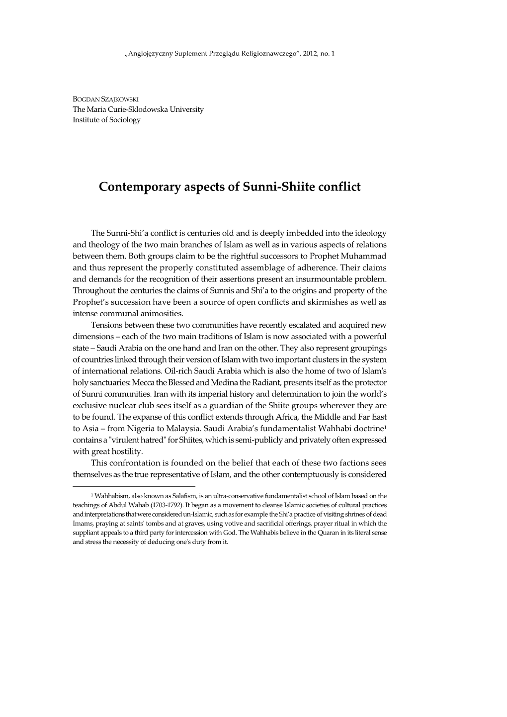 Contemporary Aspects of Sunni-Shiite Conflict