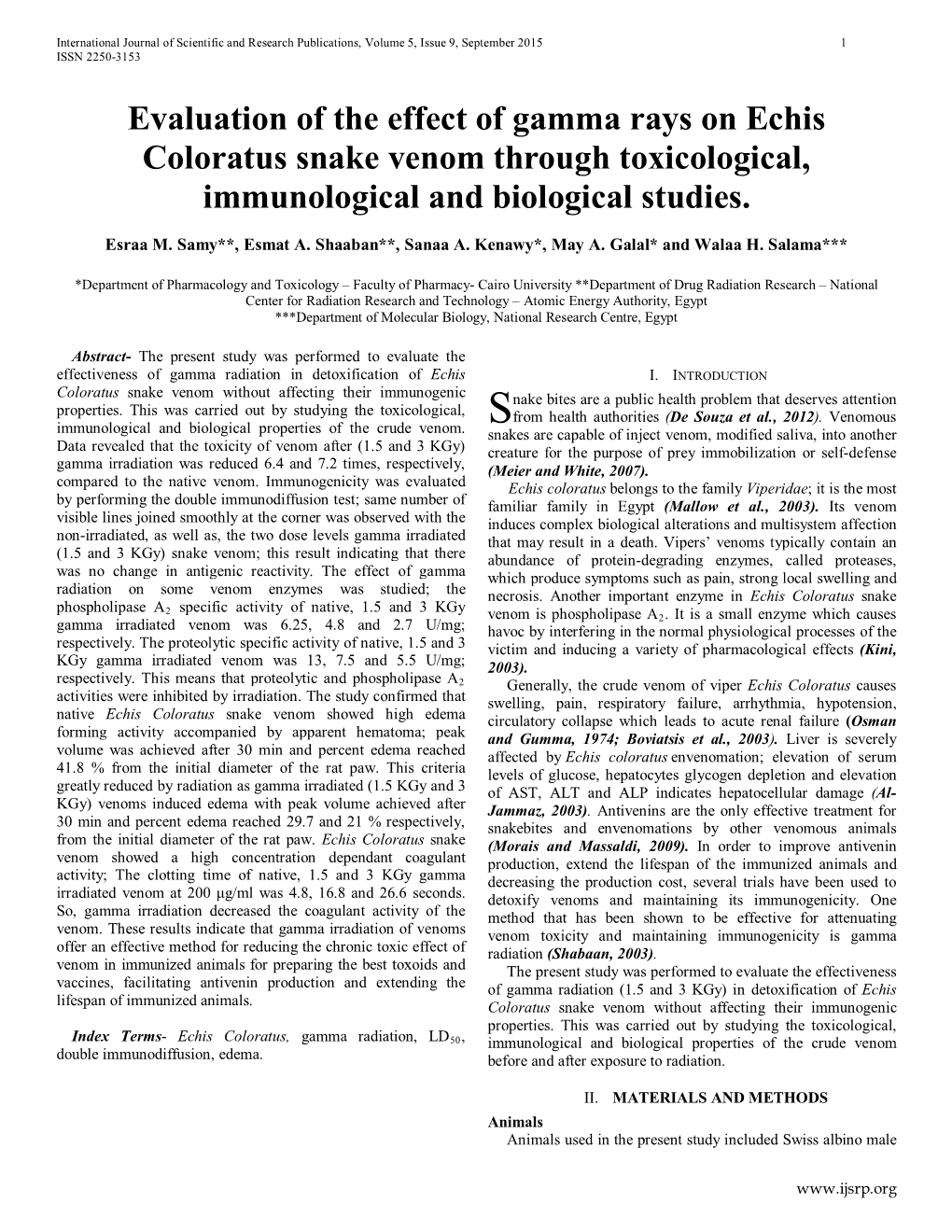 Evaluation of the Effect of Gamma Rays on Echis Coloratus Snake Venom Through Toxicological, Immunological and Biological Studies