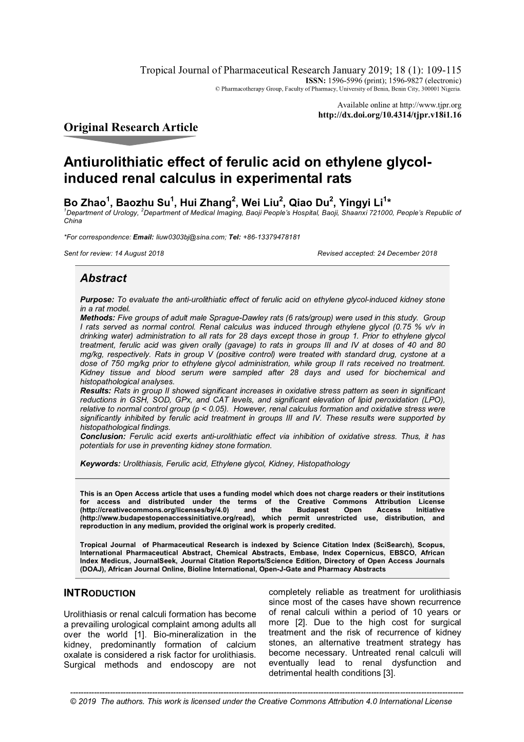 Antiurolithiatic Effect of Ferulic Acid on Ethylene Glycol- Induced Renal Calculus in Experimental Rats