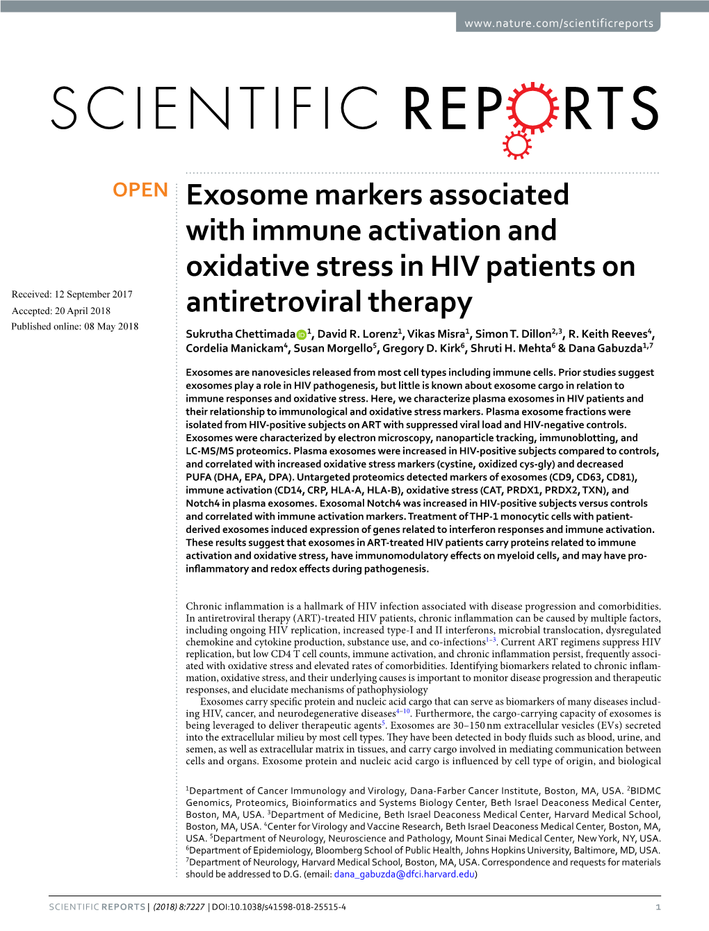 Exosome Markers Associated with Immune Activation and Oxidative