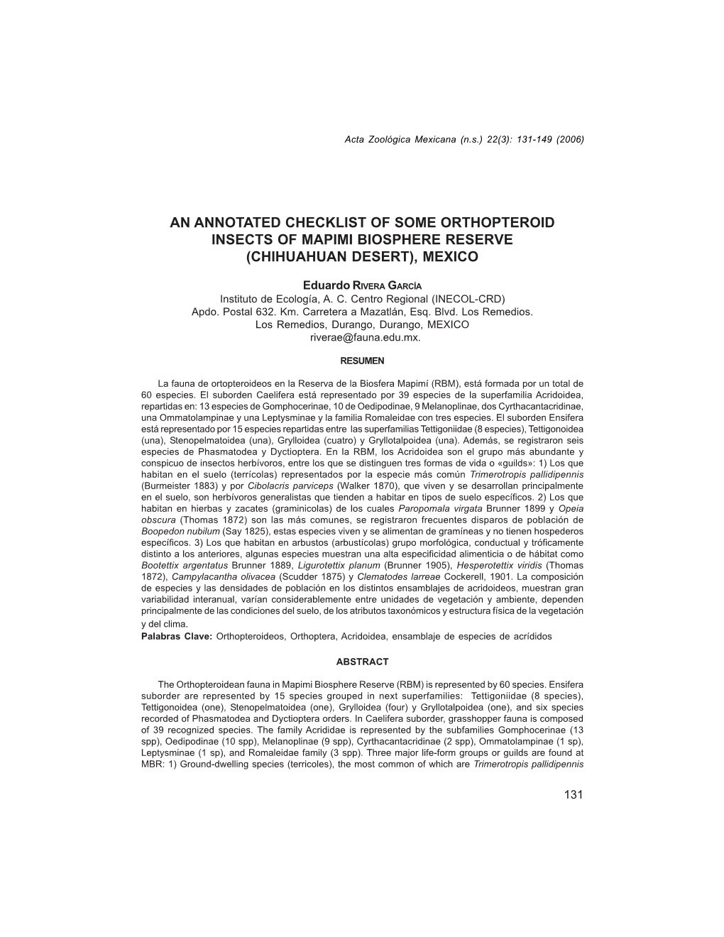 An Annotated Checklist of Some Orthopteroid Insects of Mapimi Biosphere Reserve (Chihuahuan Desert), Mexico