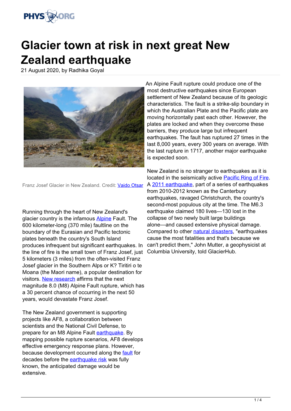 Glacier Town at Risk in Next Great New Zealand Earthquake 21 August 2020, by Radhika Goyal