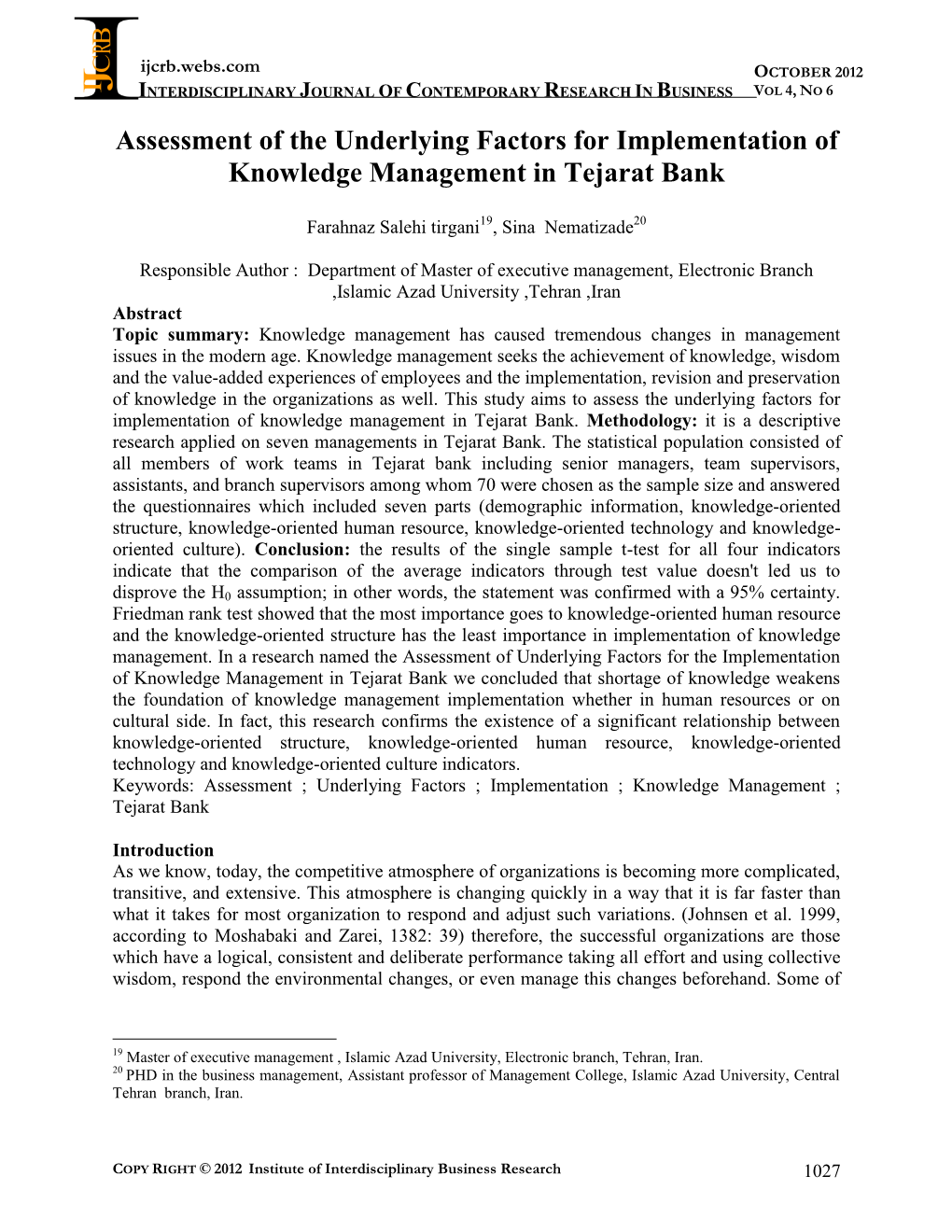 Knowledge Management in Tejarat Bank