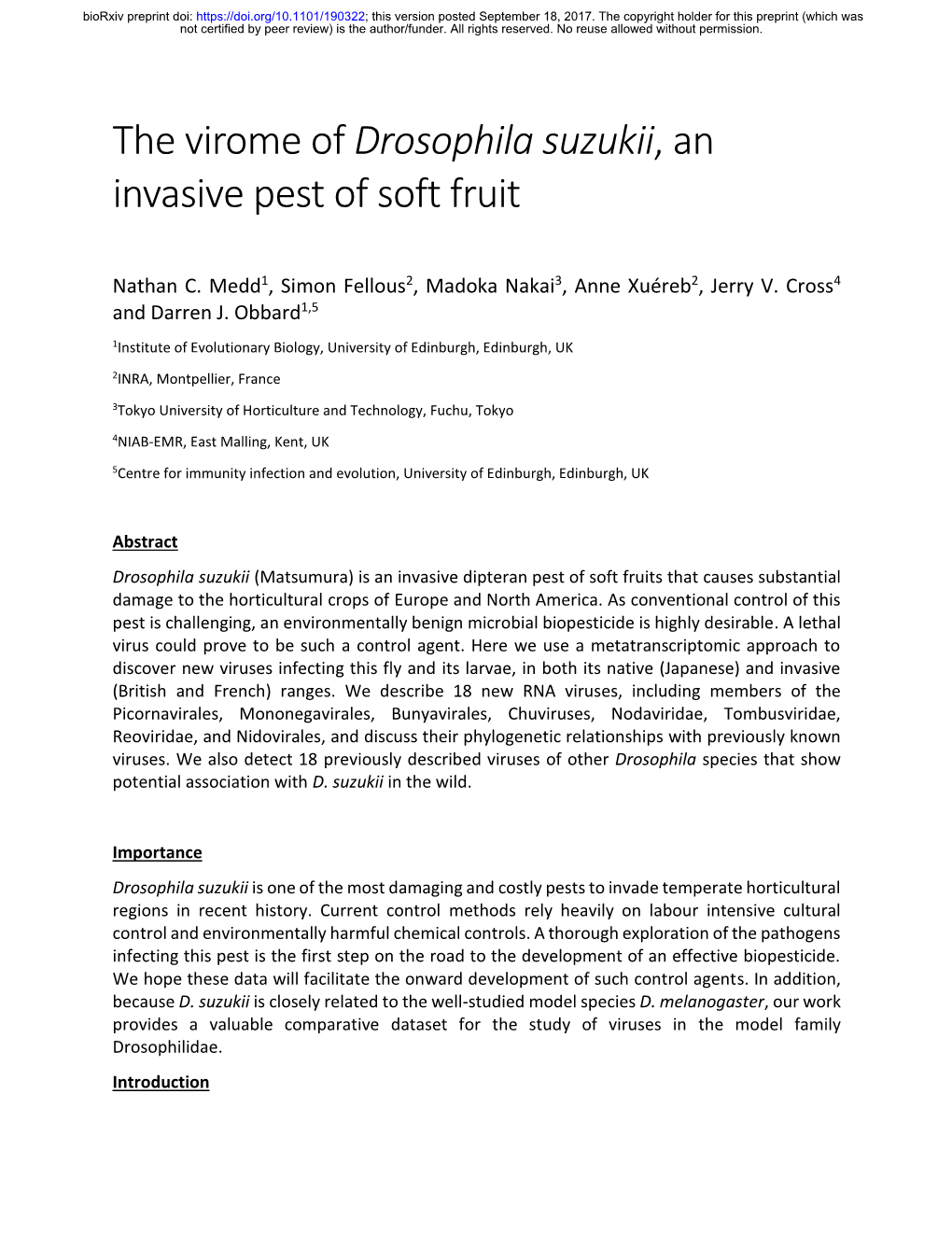 Drosophila Suzukii, an Invasive Pest of Soft Fruit