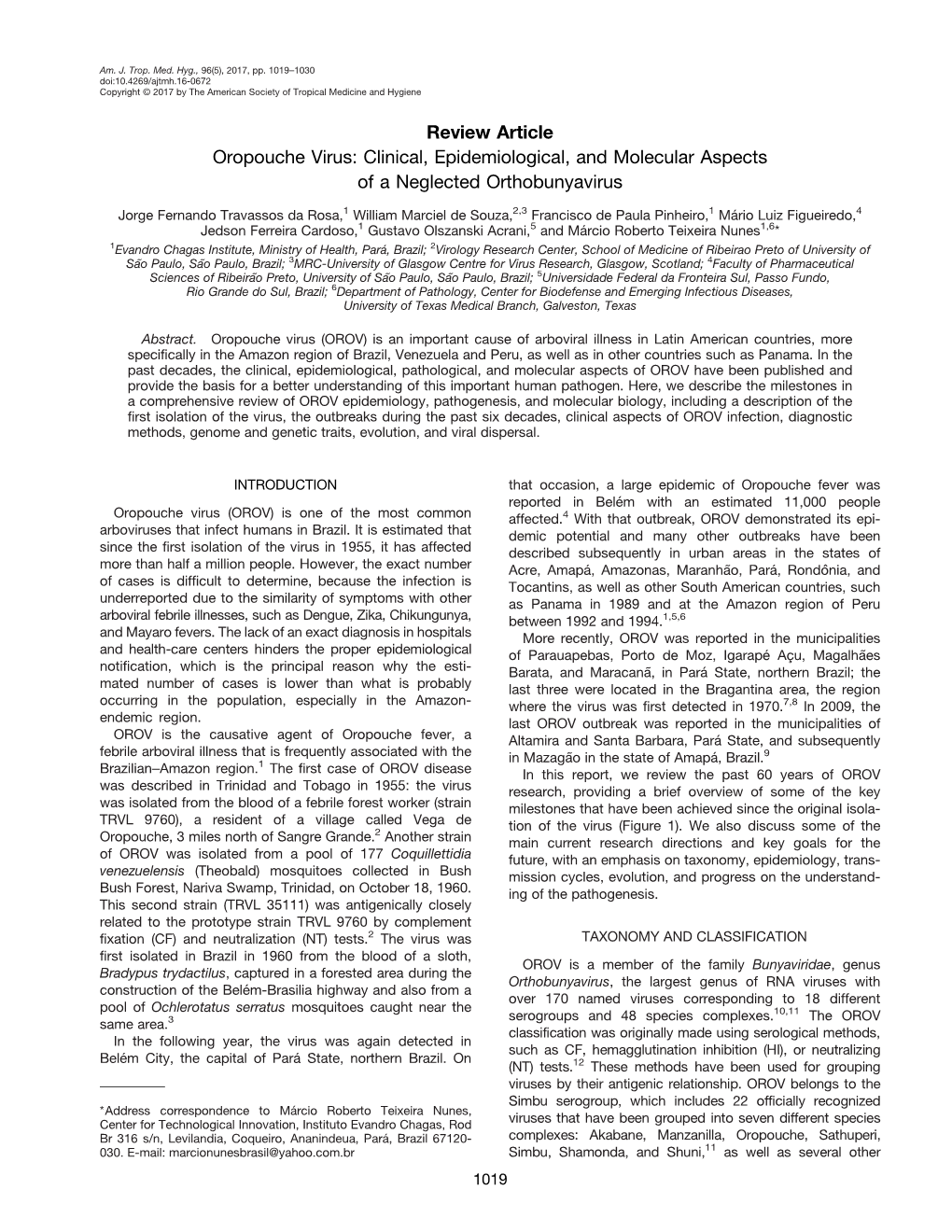 Review Article Oropouche Virus: Clinical, Epidemiological, and Molecular Aspects of a Neglected Orthobunyavirus