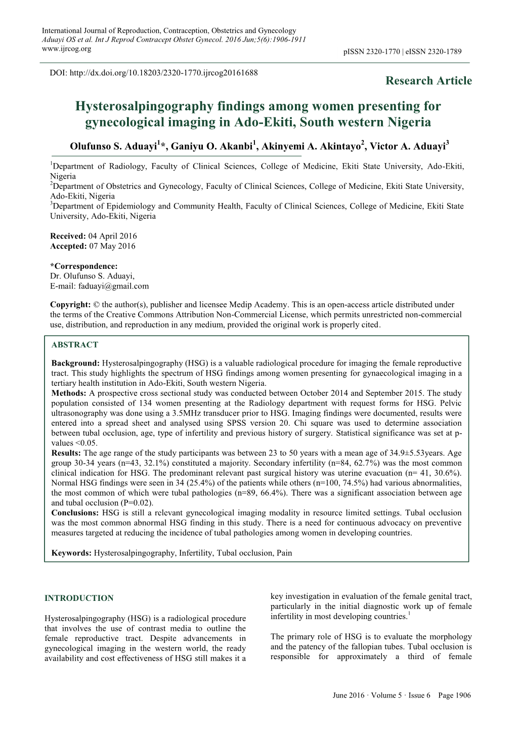 Hysterosalpingography Findings Among Women Presenting for Gynecological Imaging in Ado-Ekiti, South Western Nigeria