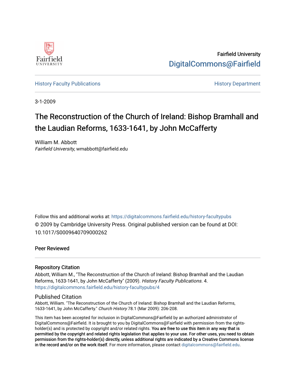 The Reconstruction of the Church of Ireland: Bishop Bramhall and the Laudian Reforms, 1633-1641, by John Mccafferty