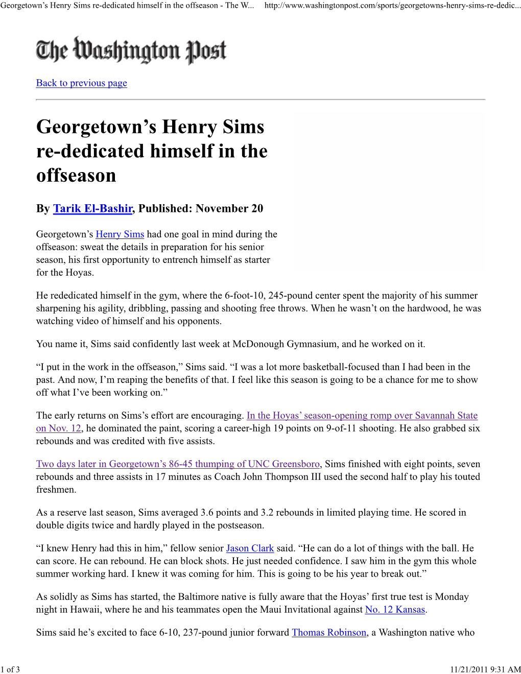 Georgetown's Henry Sims Re-Dedicated Himself in the Offseason