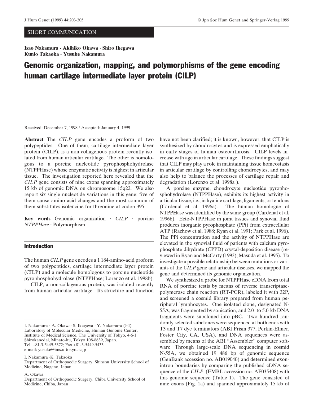 Genomic Organization, Mapping, and Polymorphisms of the Gene Encoding Human Cartilage Intermediate Layer Protein (CILP)