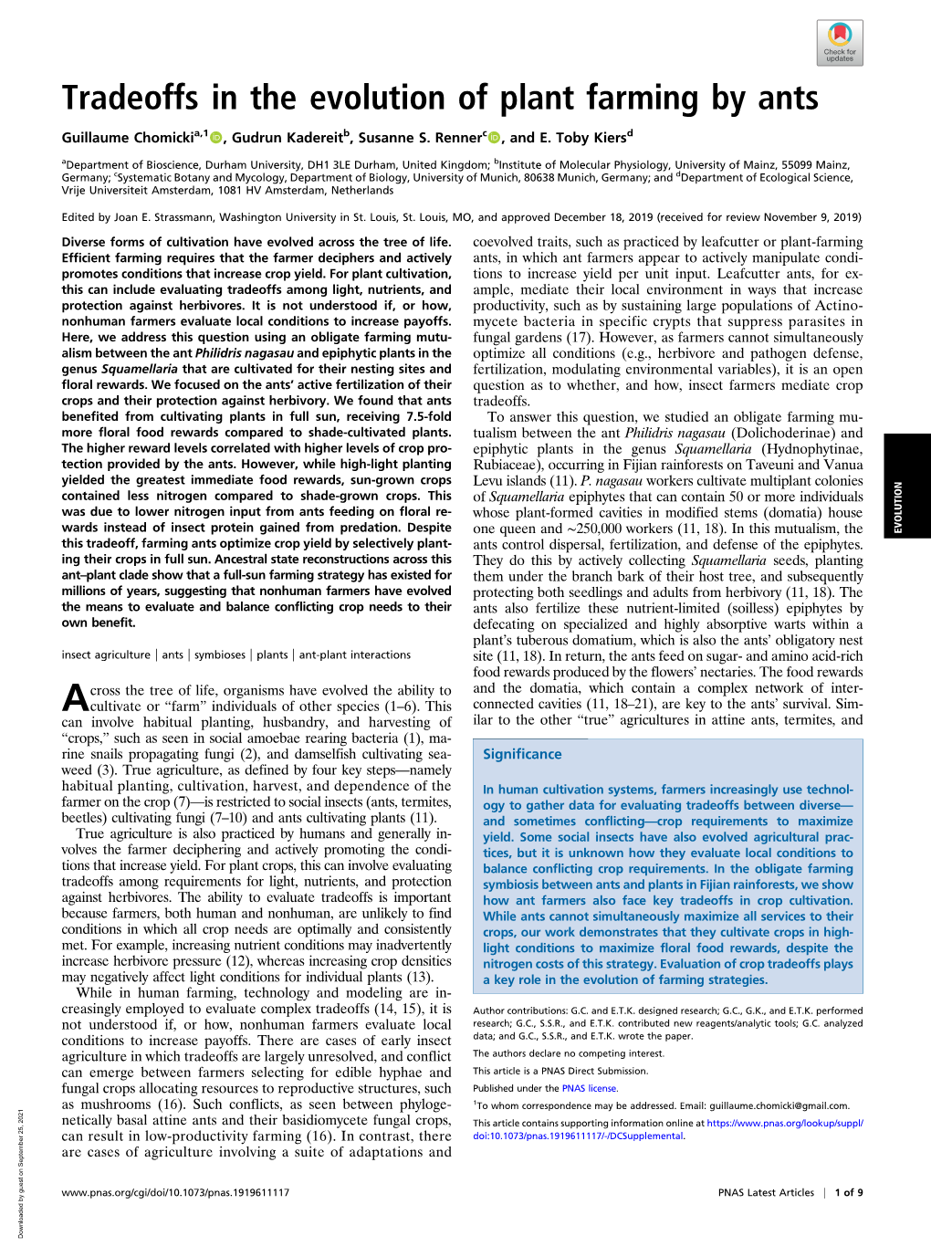 Tradeoffs in the Evolution of Plant Farming by Ants