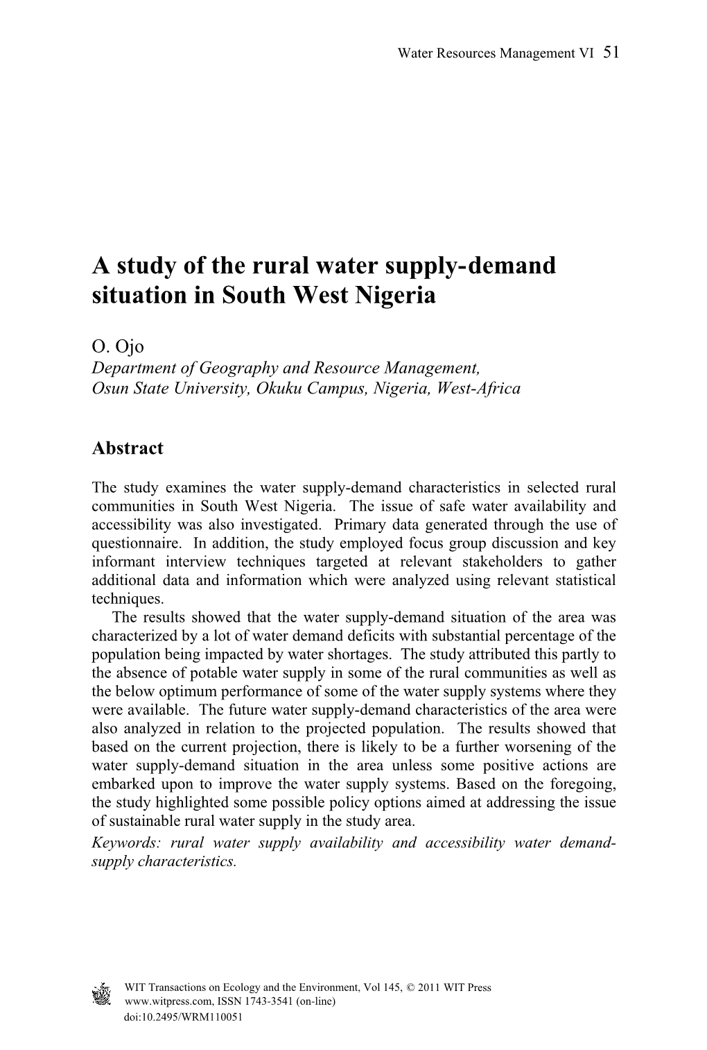 A Study of the Rural Water Supply-Demand Situation in South