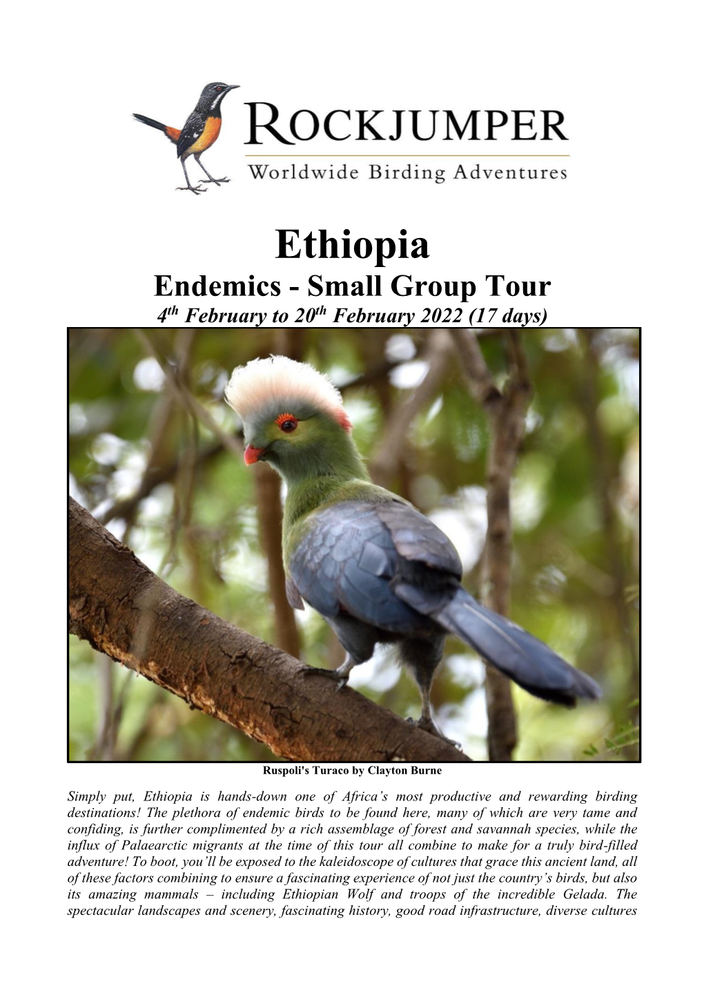 Ethiopia Endemics - Small Group Tour 4Th February to 20Th February 2022 (17 Days)
