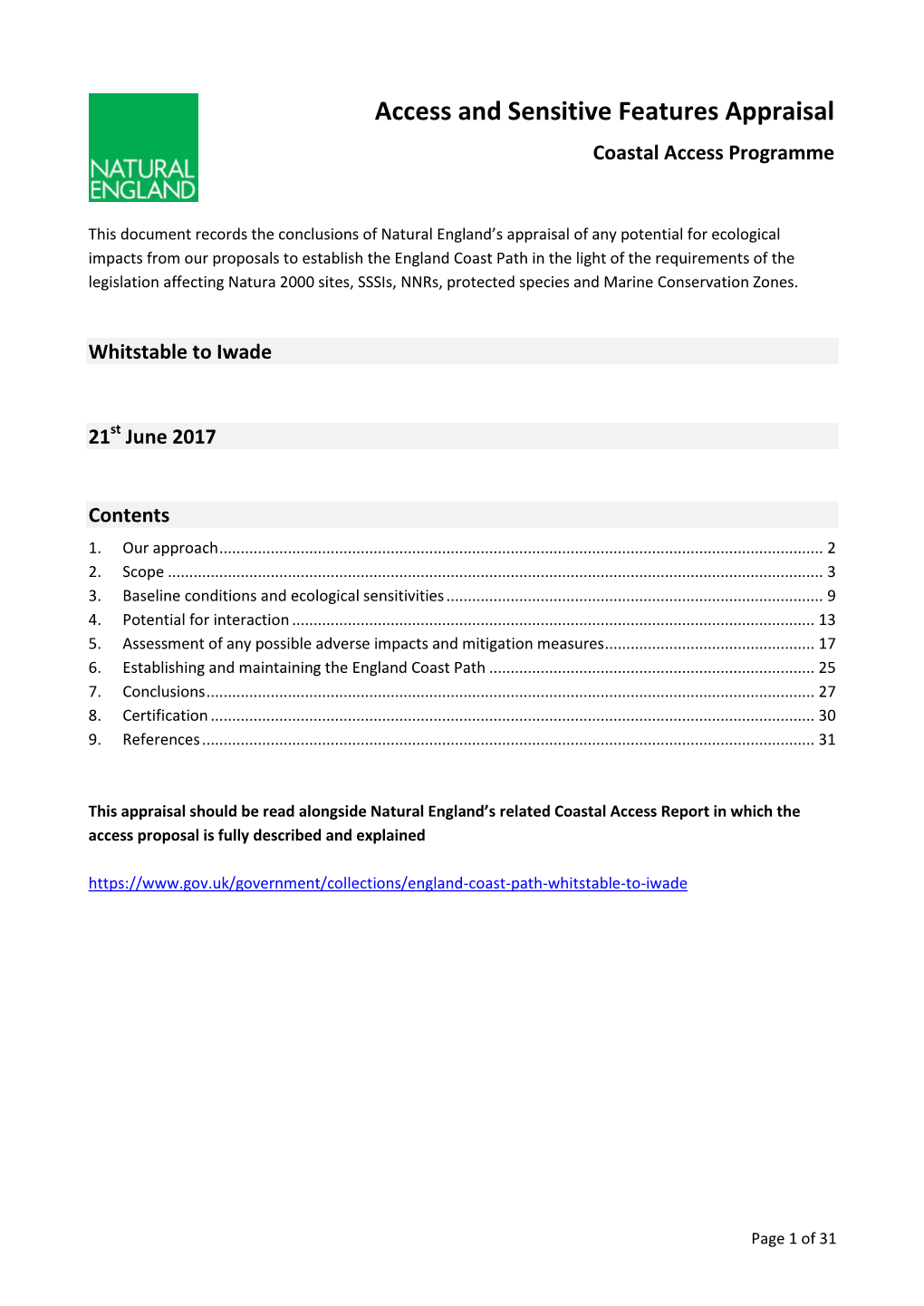 Whitstable to Iwade Sensitive Features Report