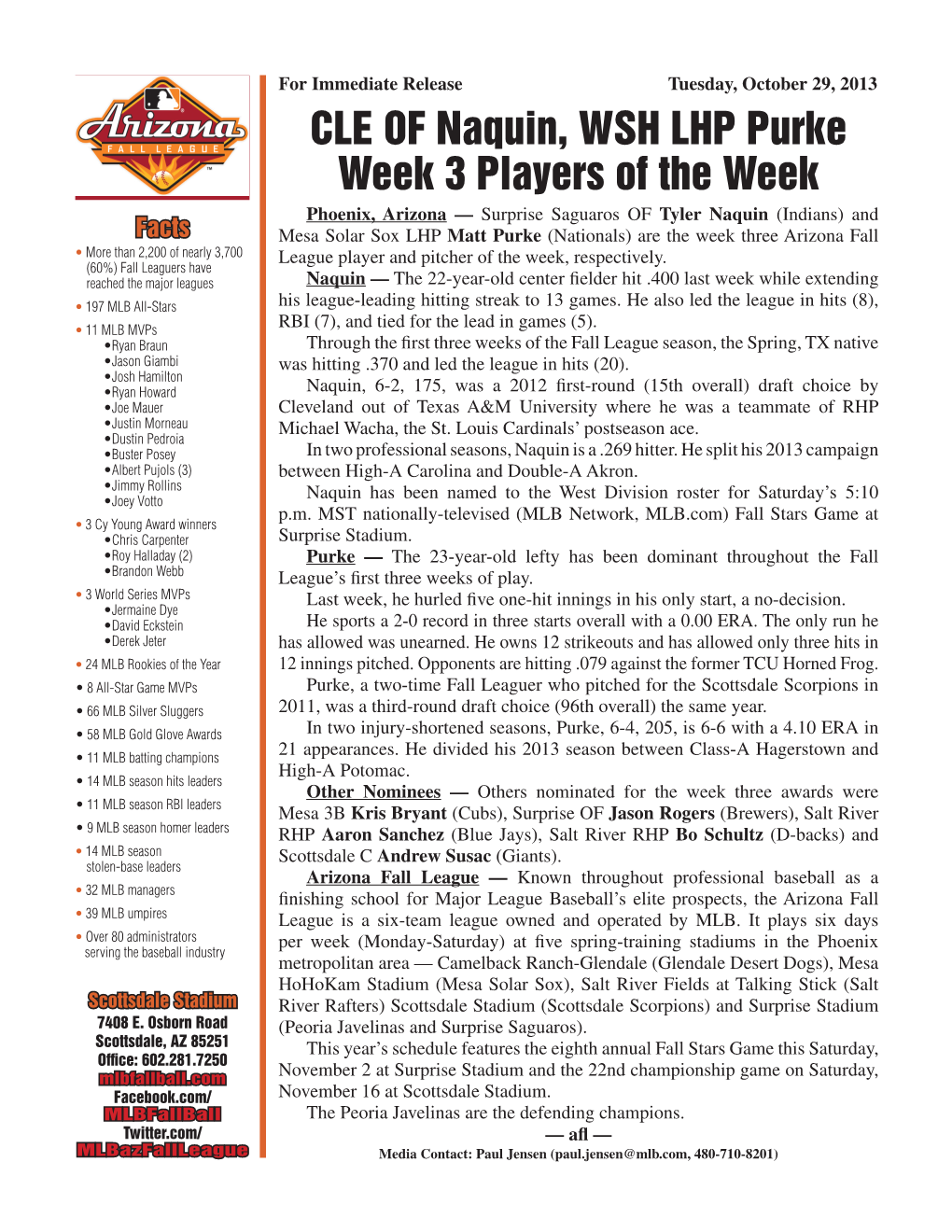 CLE of Naquin, WSH LHP Purke Week 3 Players of the Week