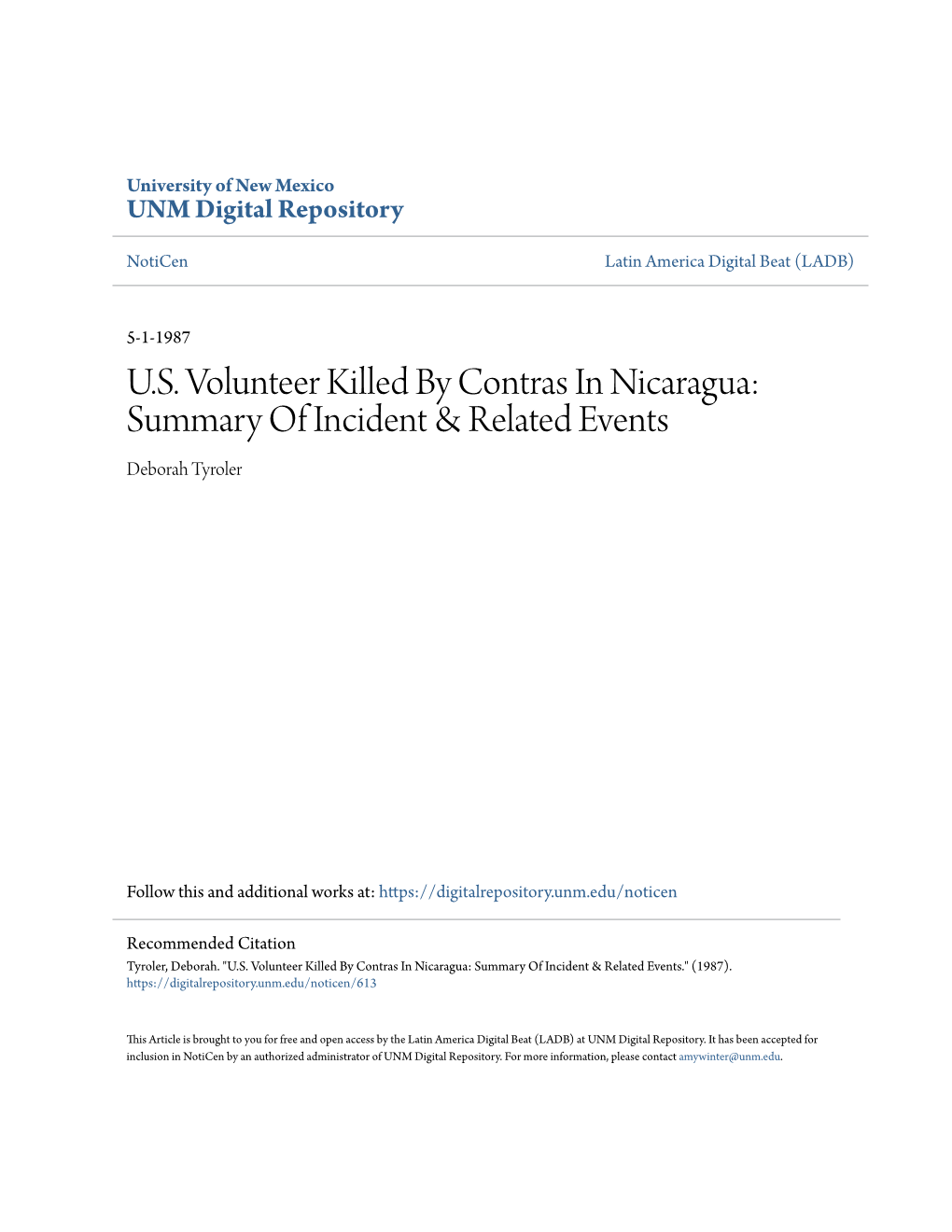 US Volunteer Killed by Contras in Nicaragua