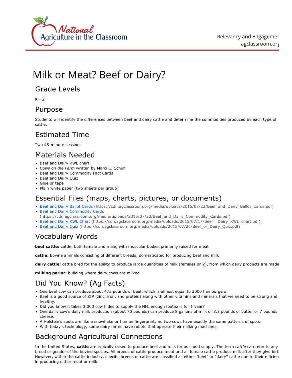 Milk Or Meat? Beef Or Dairy? Grade Levels