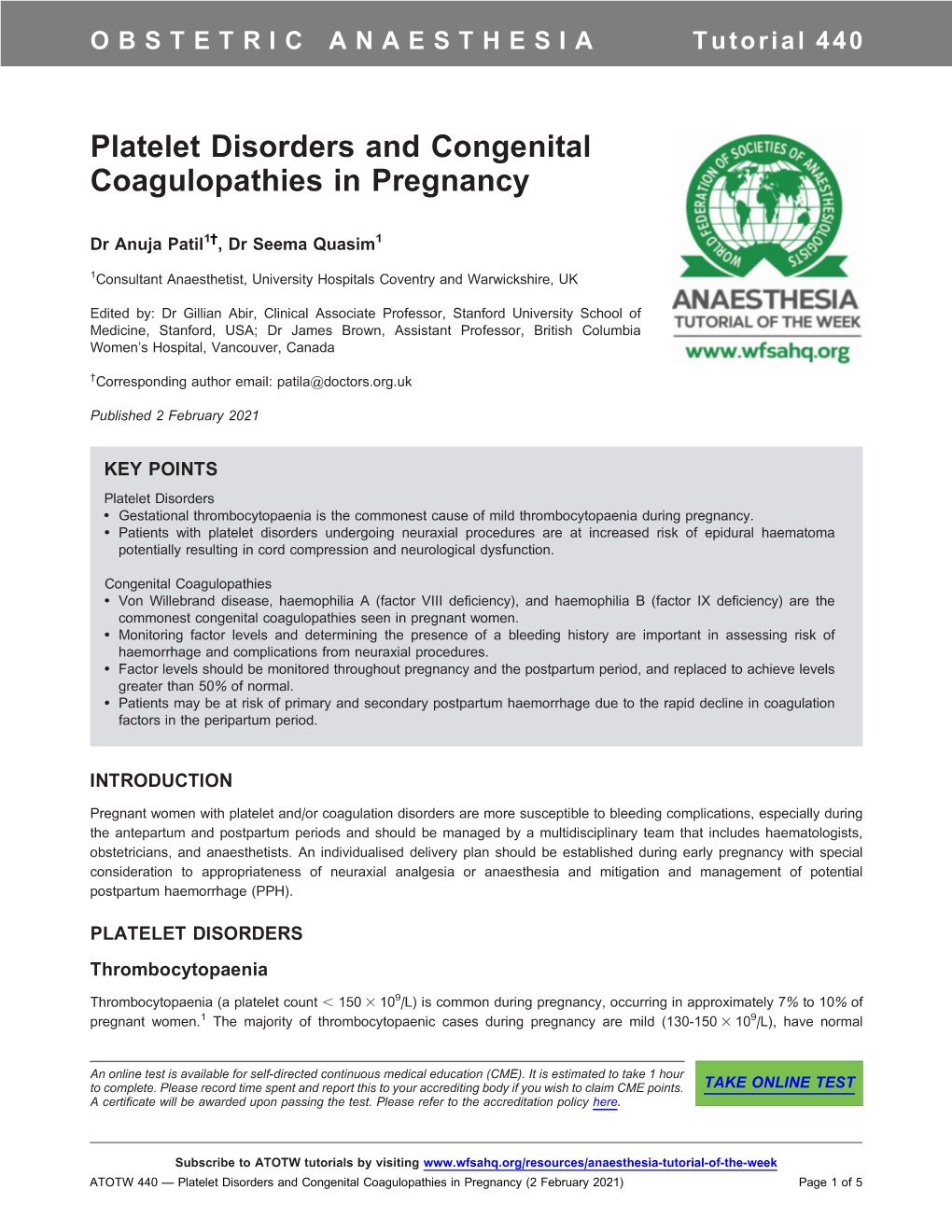 Platelet Disorders and Congenital Coagulopathies in Pregnancy
