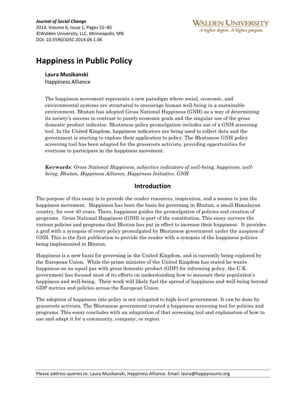 Happiness in Public Policy