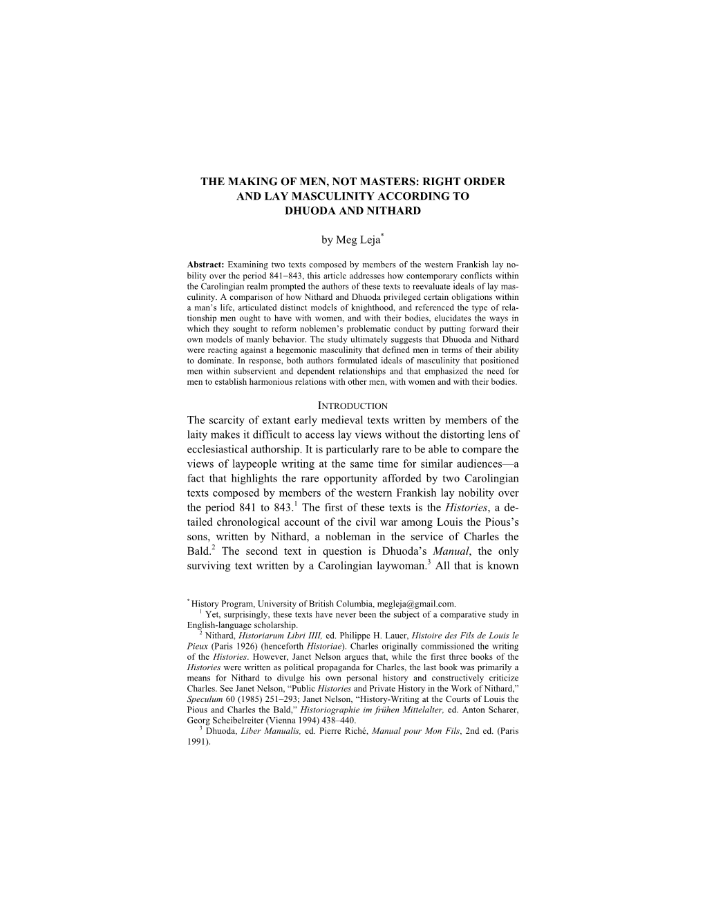 The Making of Men, Not Masters: Right Order and Lay Masculinity According to Dhuoda and Nithard