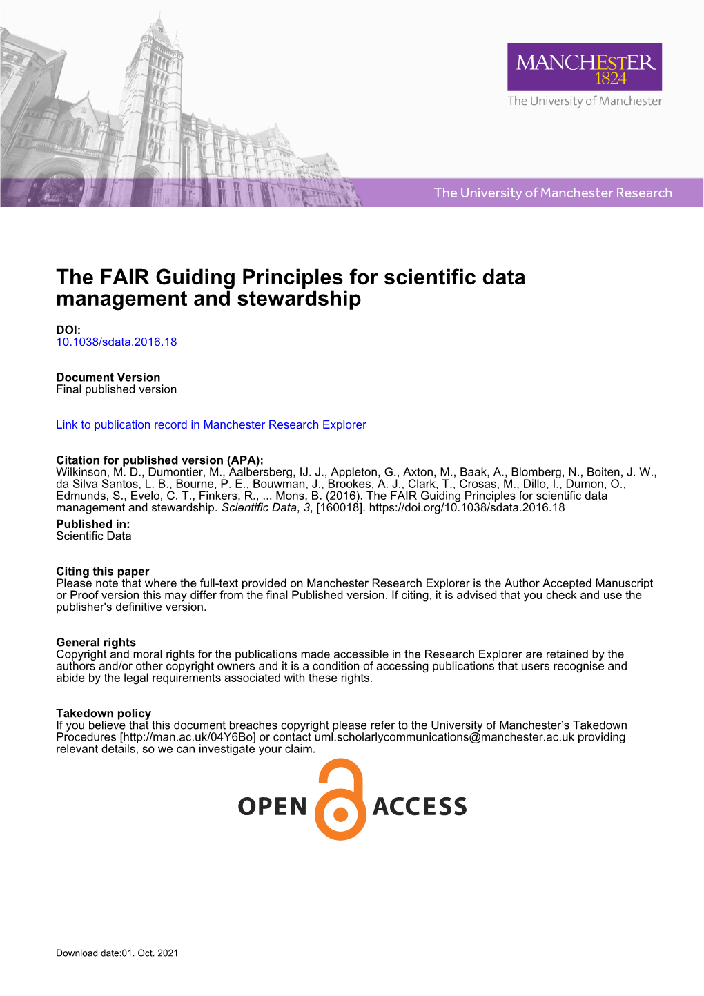 The FAIR Guiding Principles for Scientific Data Management and Stewardship