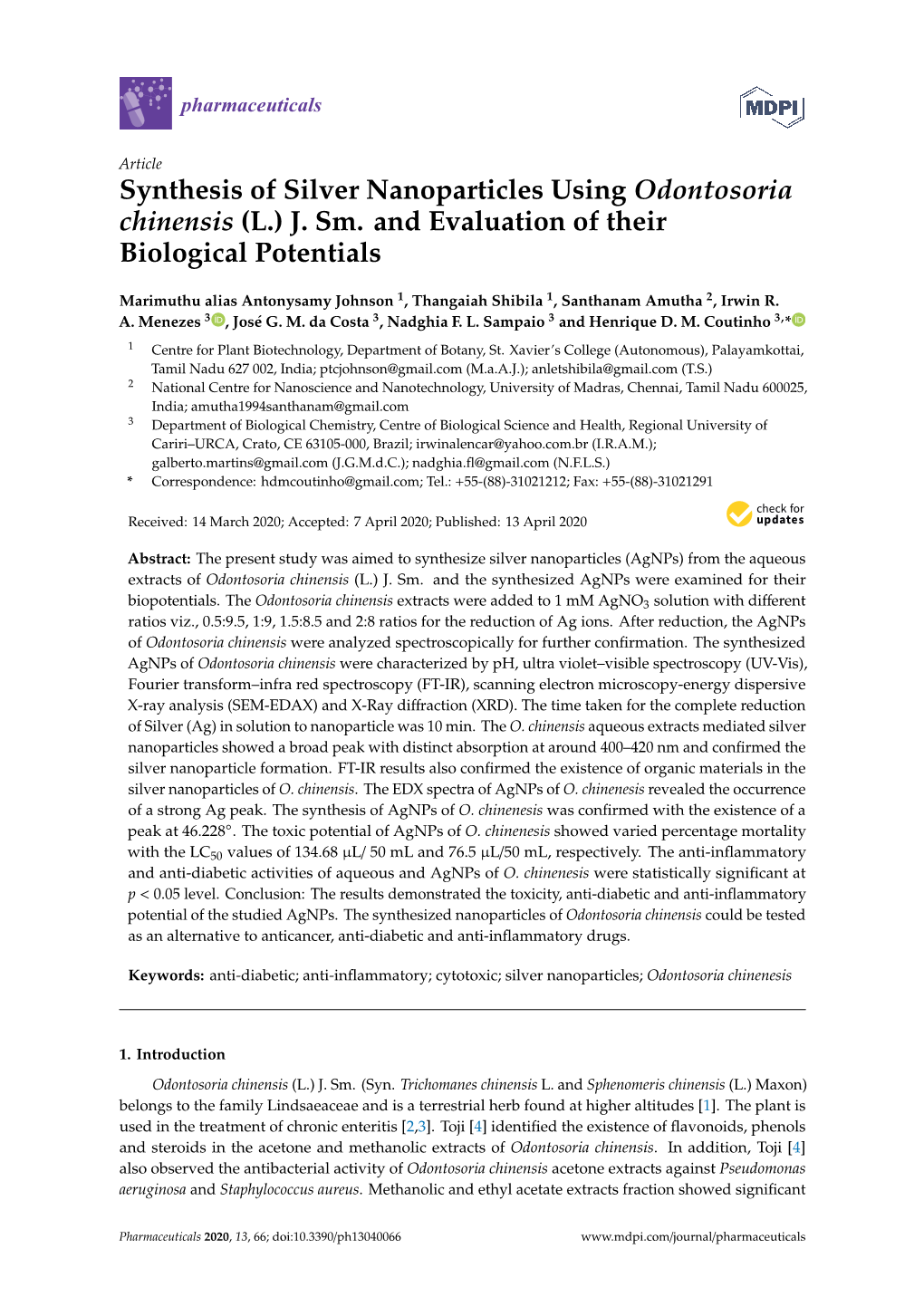 Synthesis of Silver Nanoparticles Using Odontosoria Chinensis (L.) J