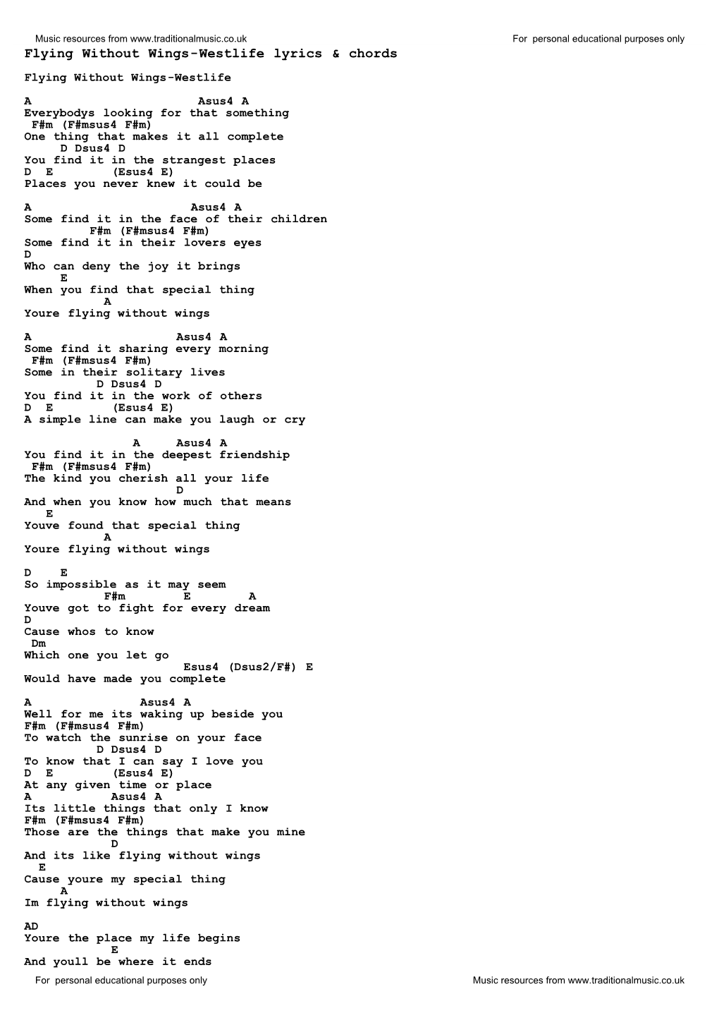 Flying Without Wings-Westlife Lyrics & Chords