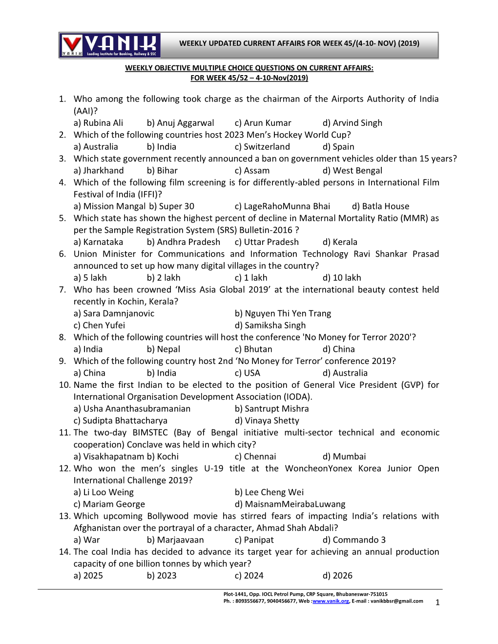 Weekly Updated Current Affairs for Week 45/(4-10- Nov) (2019)