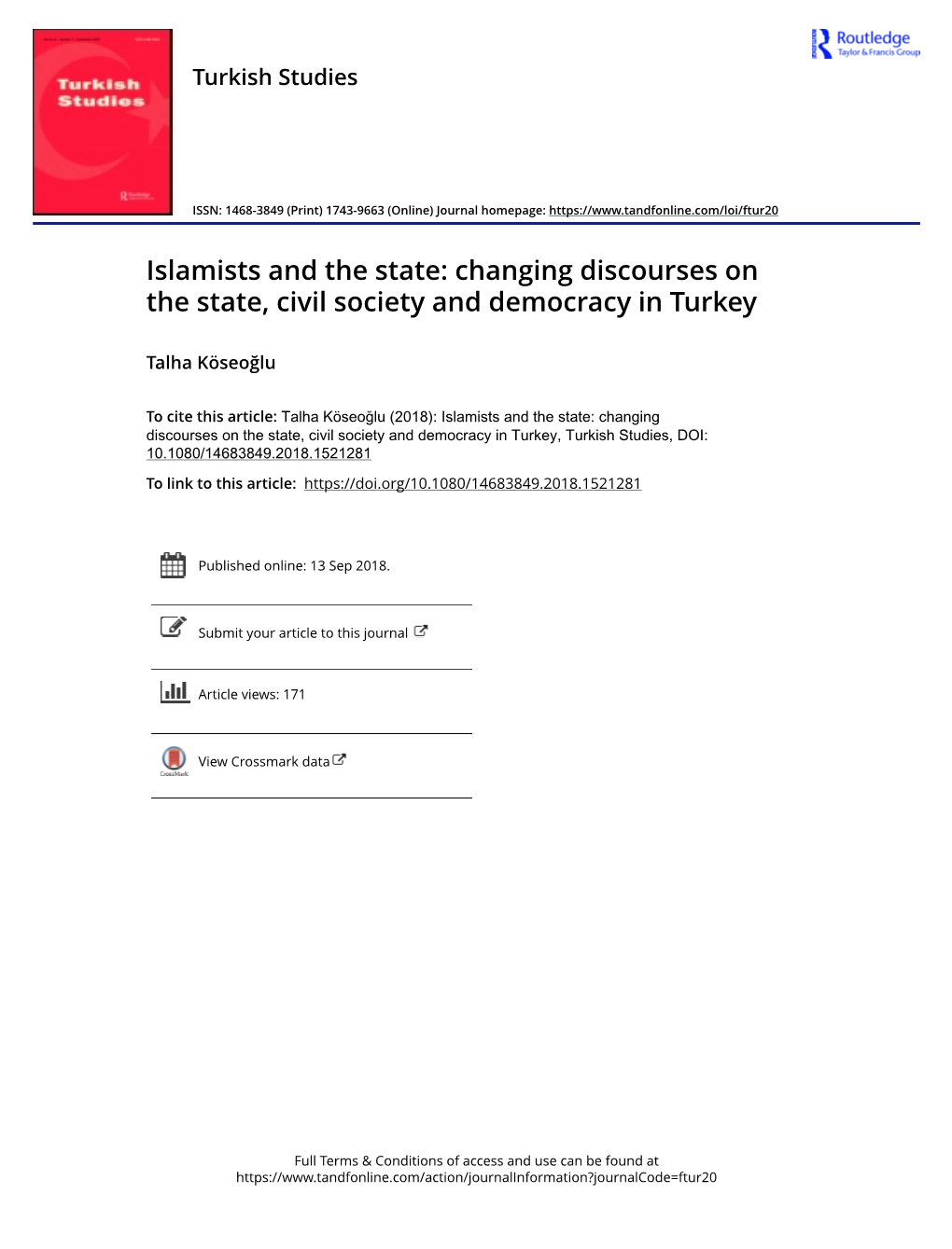 Changing Discourses on the State, Civil Society and Democracy in Turkey